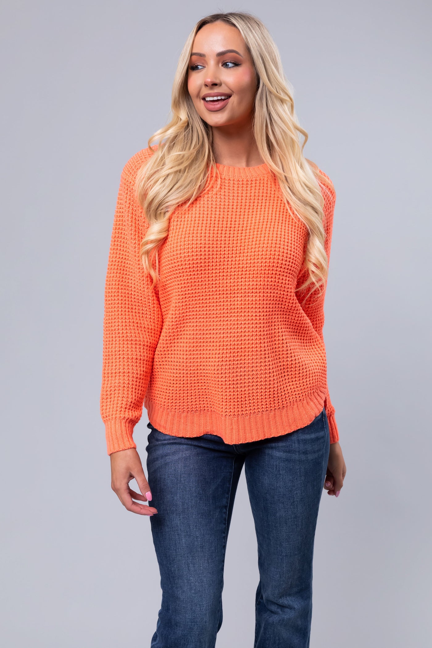 Bright Coral Thick Waffle Knit Curved Hem Sweater