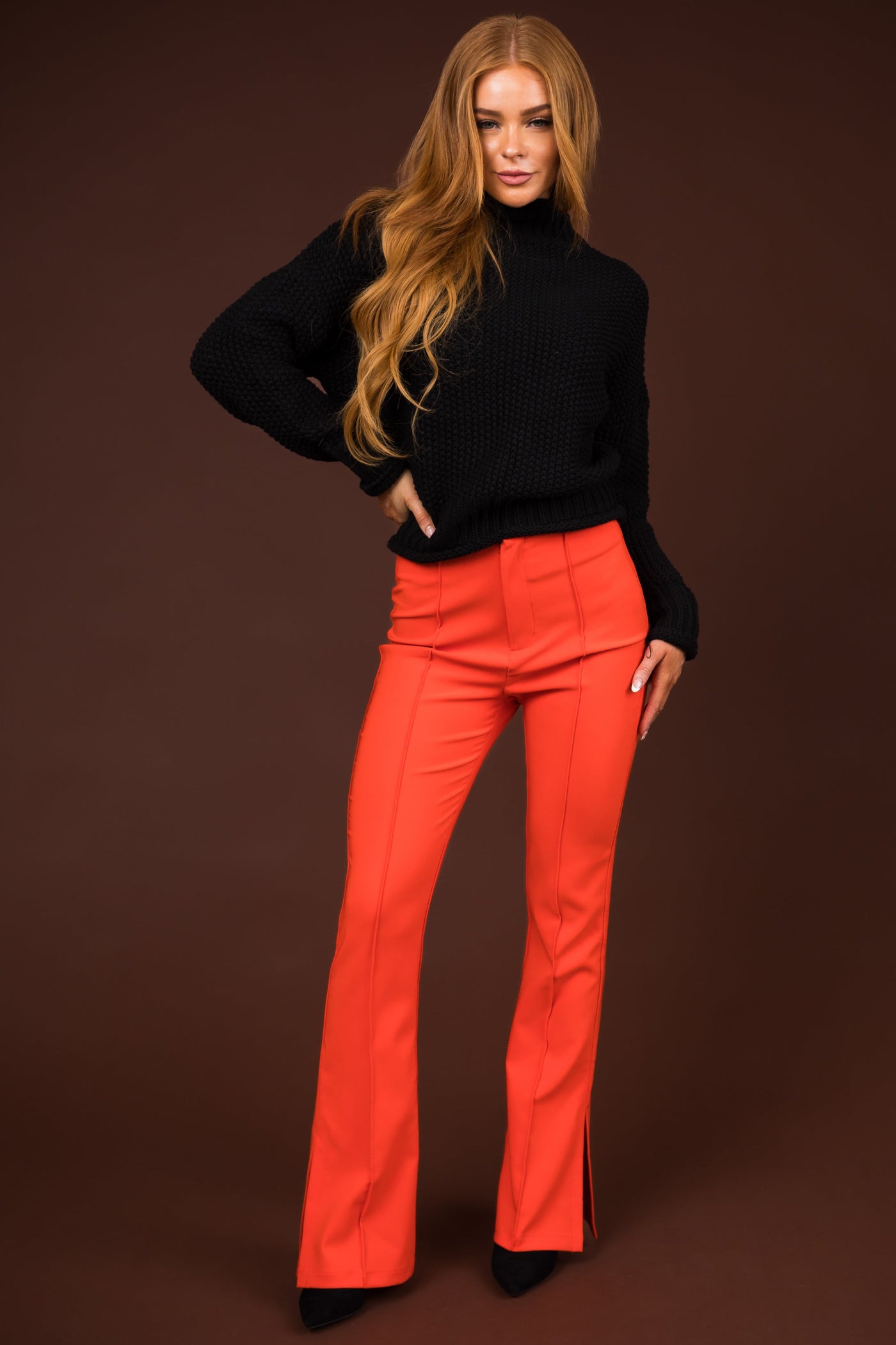 Bright Fire Flare Leg Side Slits Pants