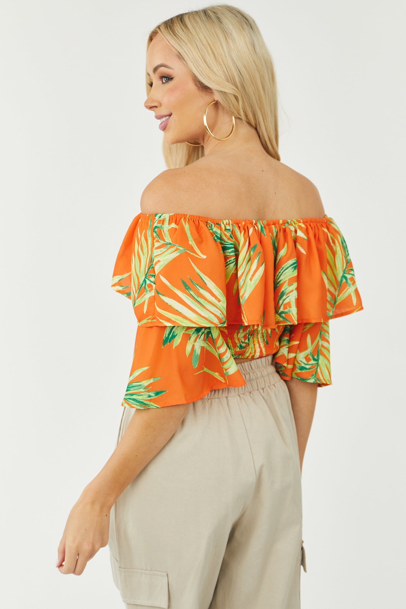 Bright Fire Leaf Print Off Shoulder Smocked Blouse