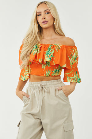 Bright Fire Leaf Print Off Shoulder Smocked Blouse