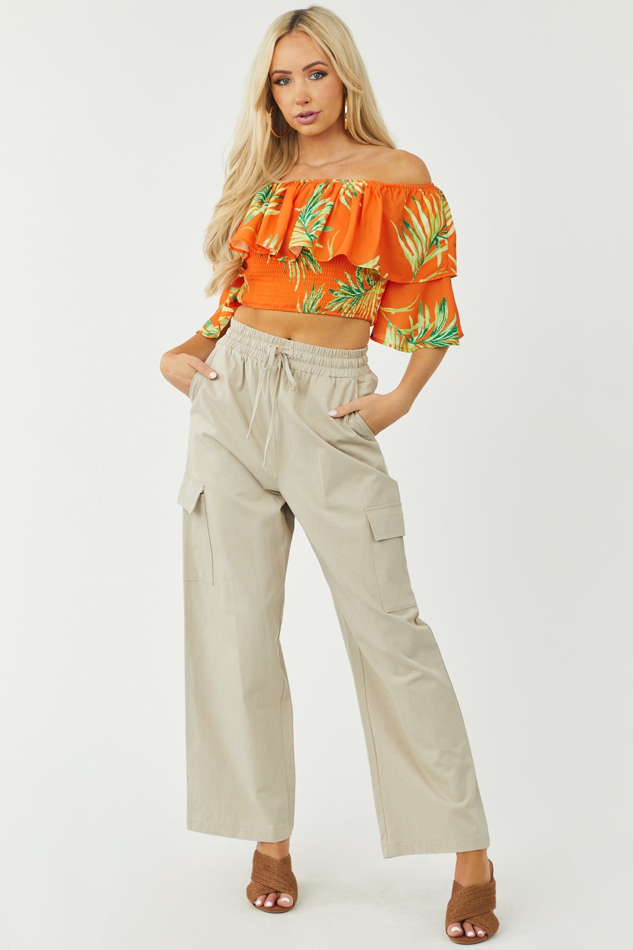 Bright Fire Leaf Print Off Shoulder Smocked Blouse