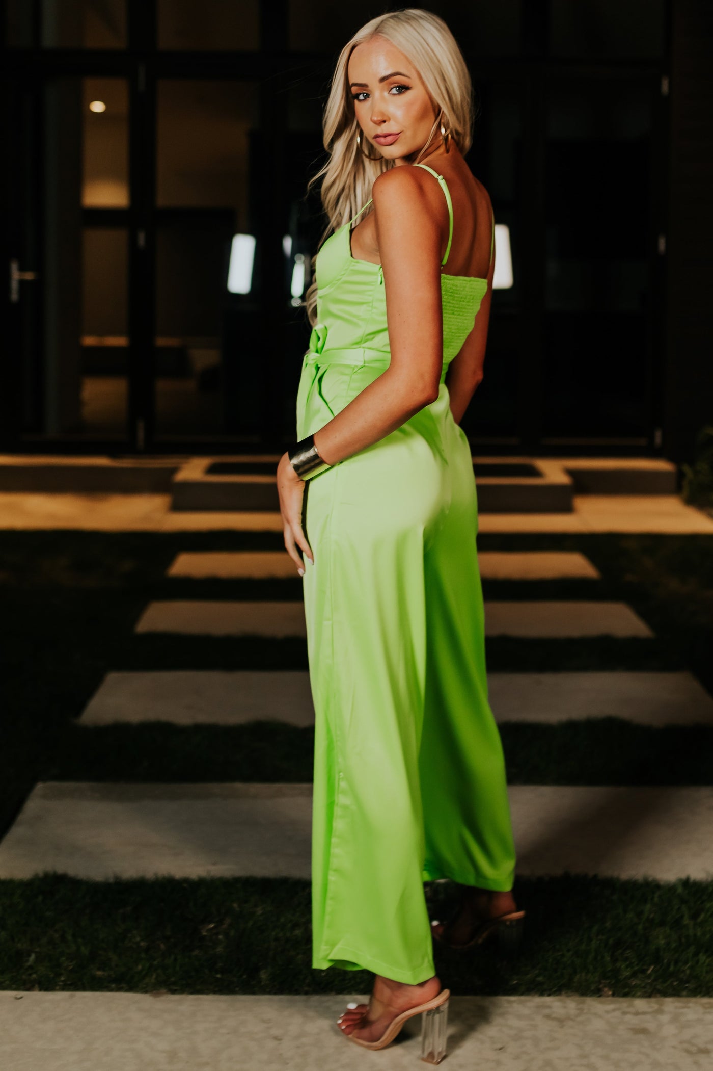 Bright Lime Tie Waist Wide Leg Satin Jumpsuit