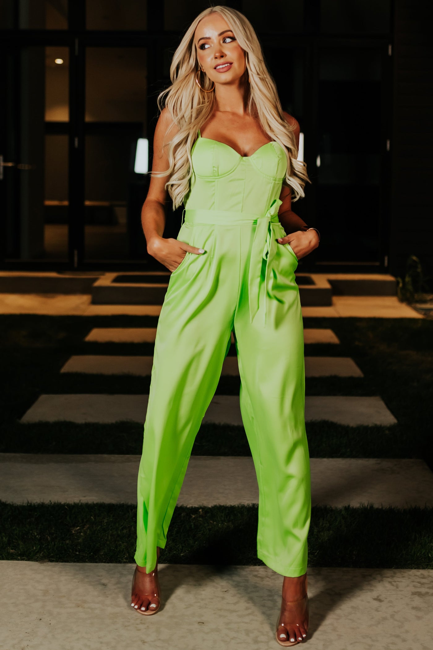 Bright Lime Tie Waist Wide Leg Satin Jumpsuit
