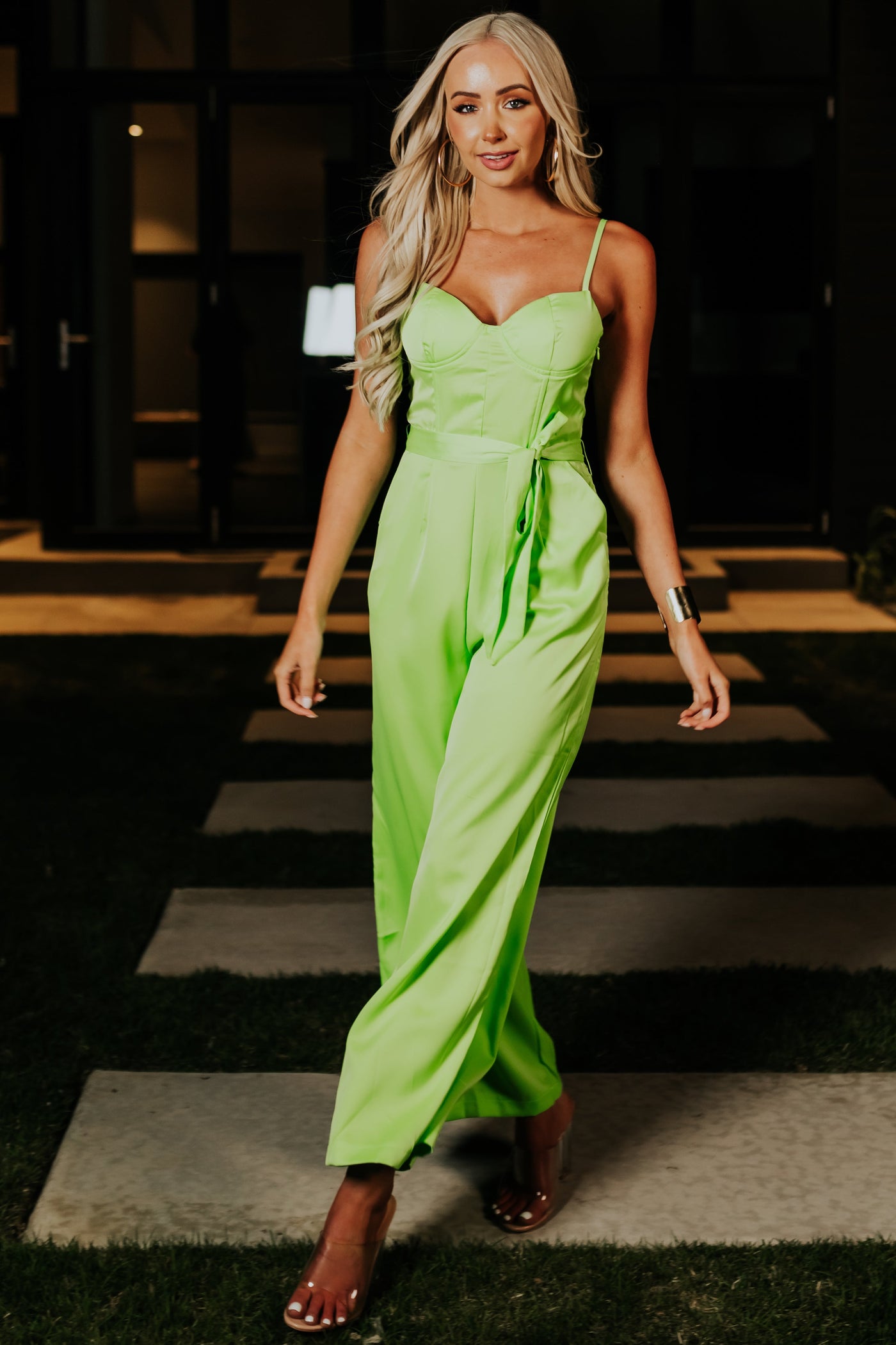 Bright Lime Tie Waist Wide Leg Satin Jumpsuit