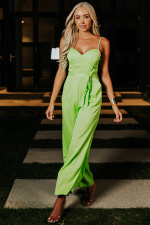 Bright Lime Tie Waist Wide Leg Satin Jumpsuit