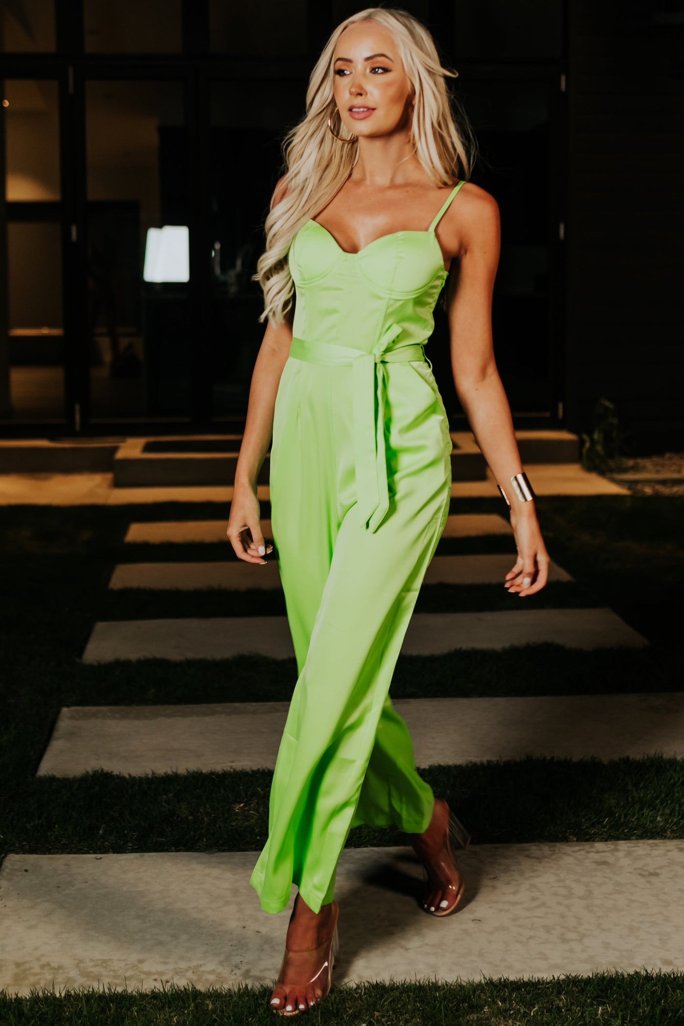 Bright Lime Tie Waist Wide Leg Satin Jumpsuit