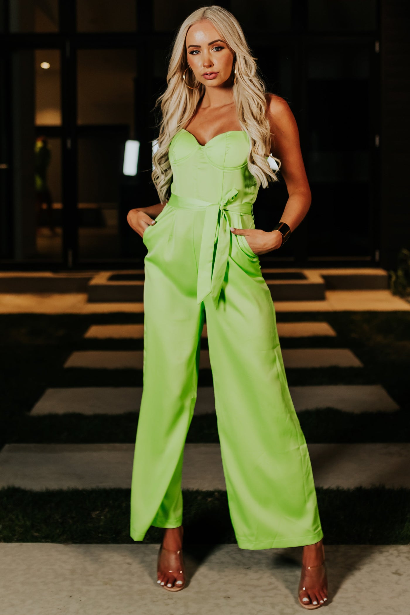 Bright Lime Tie Waist Wide Leg Satin Jumpsuit