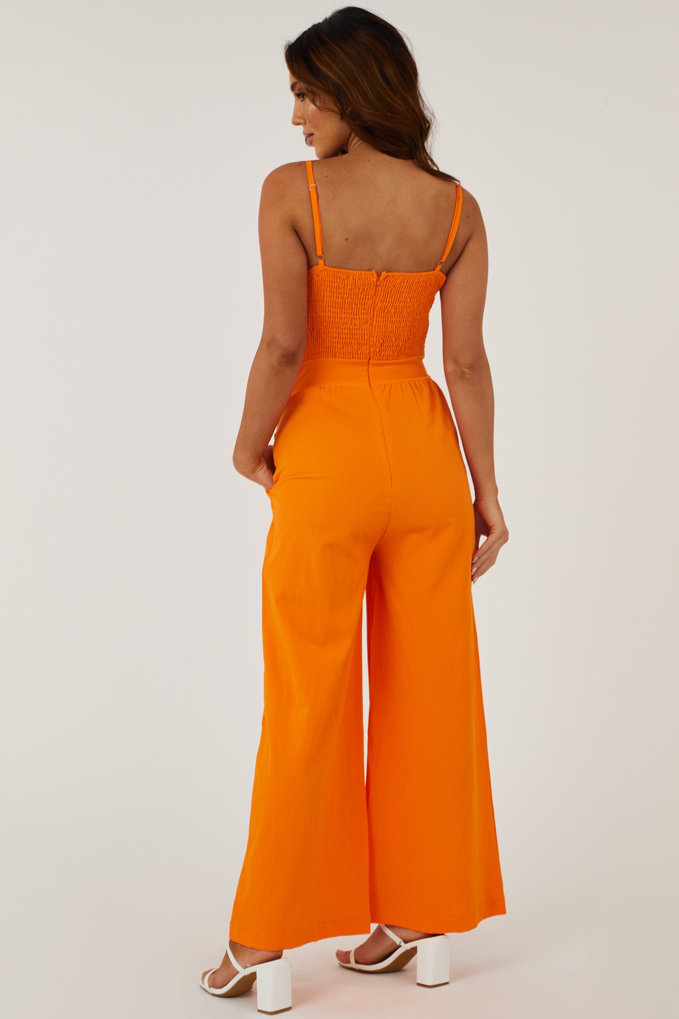 Bright Orange Front Tie Wide Leg Woven Jumpsuit