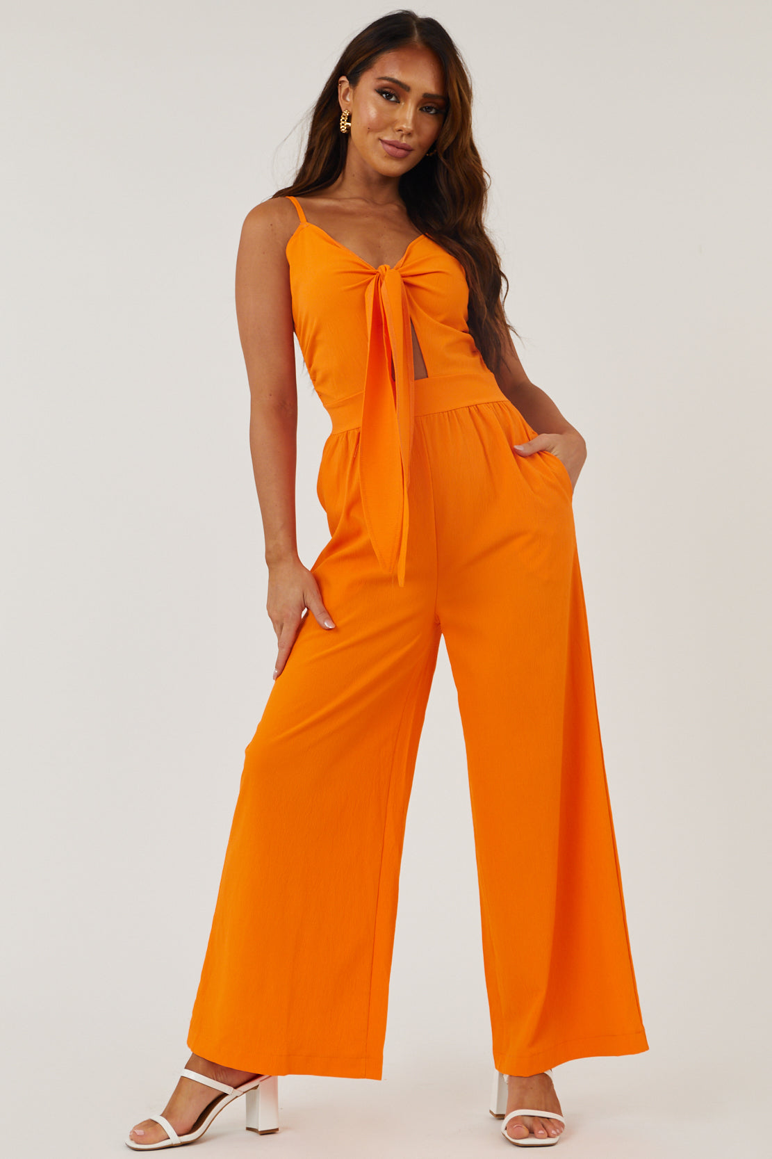 Bright Orange Front Tie Wide Leg Woven Jumpsuit