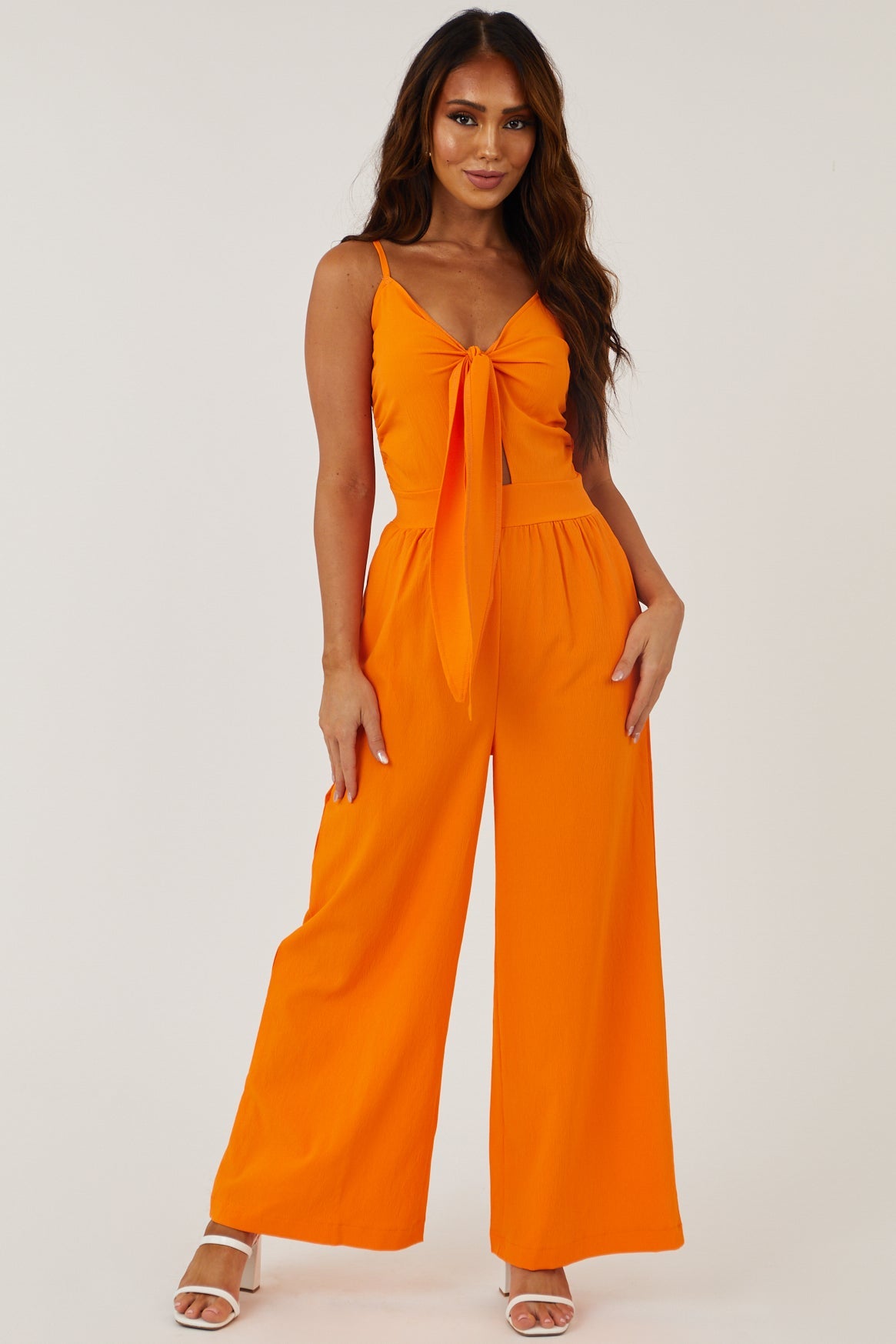 Bright Orange Front Tie Wide Leg Woven Jumpsuit