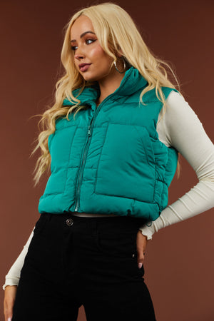Bright Pine Drawstring Hem Zip Up Puffer Vest