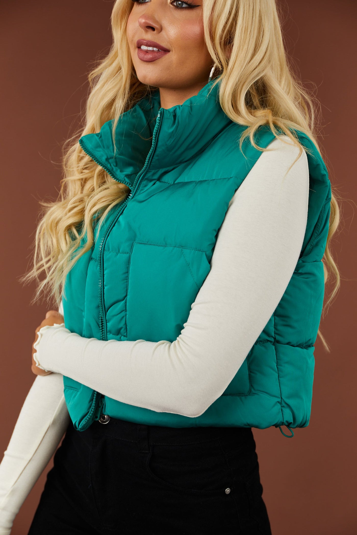 Bright Pine Drawstring Hem Zip Up Puffer Vest