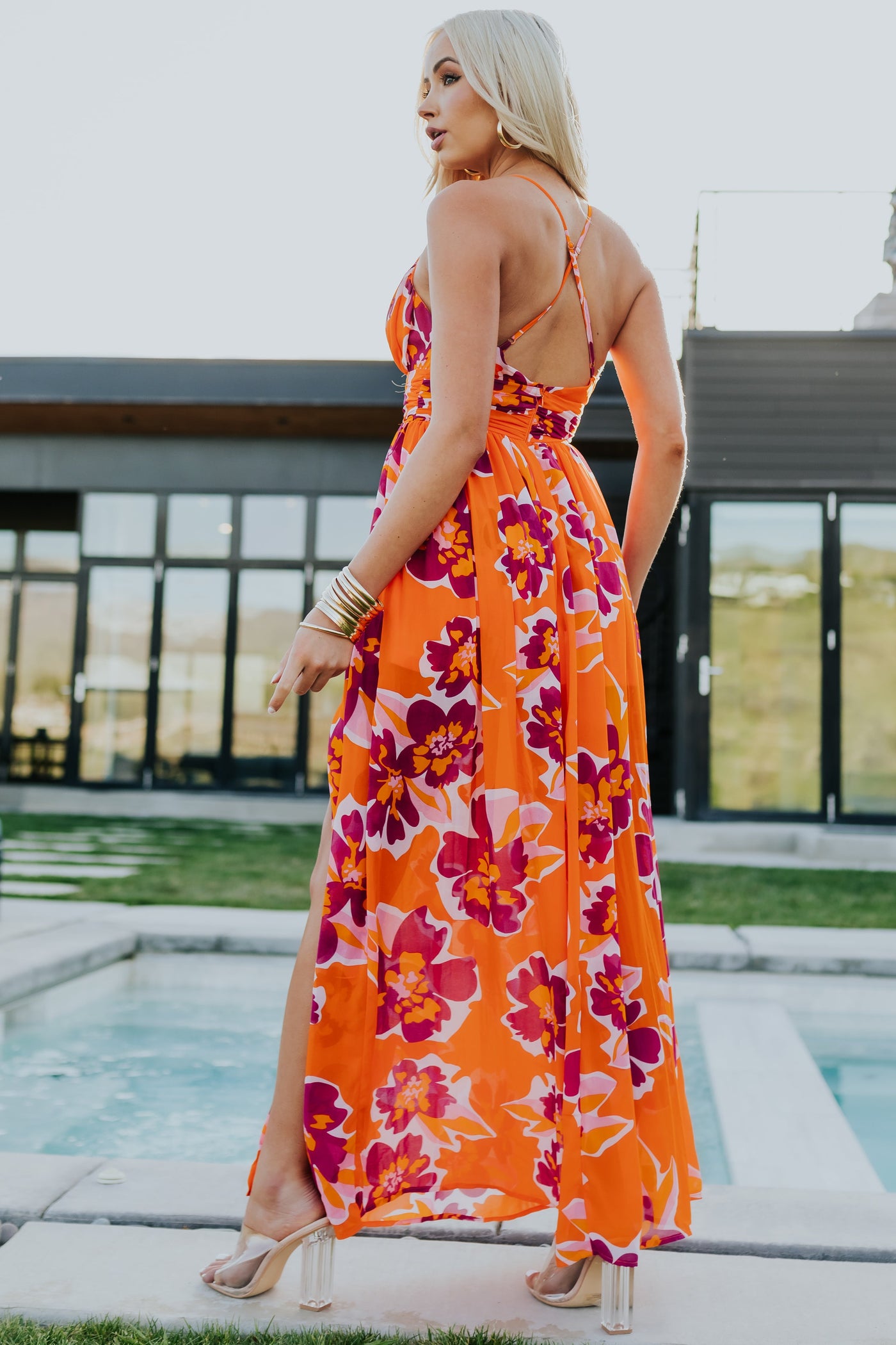 Bright Sunset Floral Print Sleeveless Maxi Dress