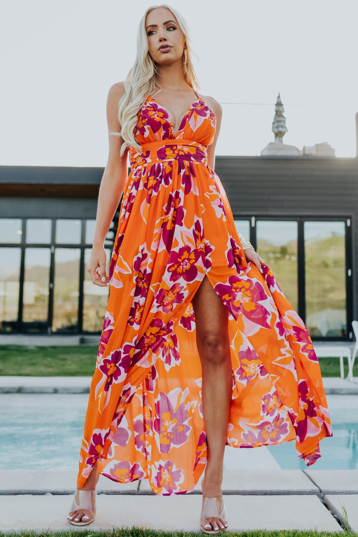 Bright Sunset Floral Print Sleeveless Maxi Dress