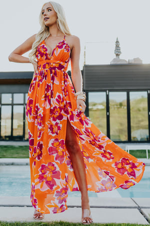 Bright Sunset Floral Print Sleeveless Maxi Dress