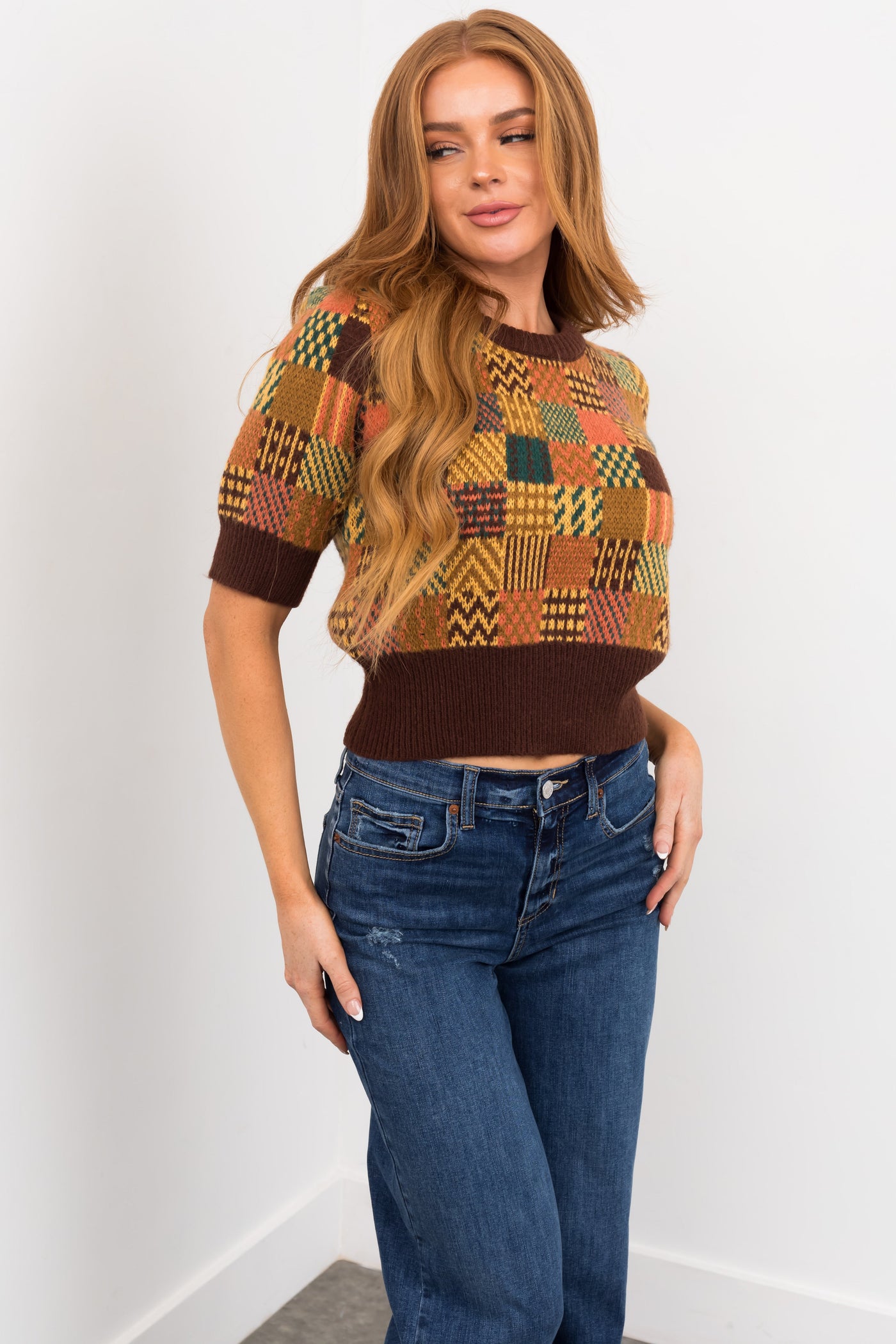 Brown Multiprint Half Sleeve Sweater