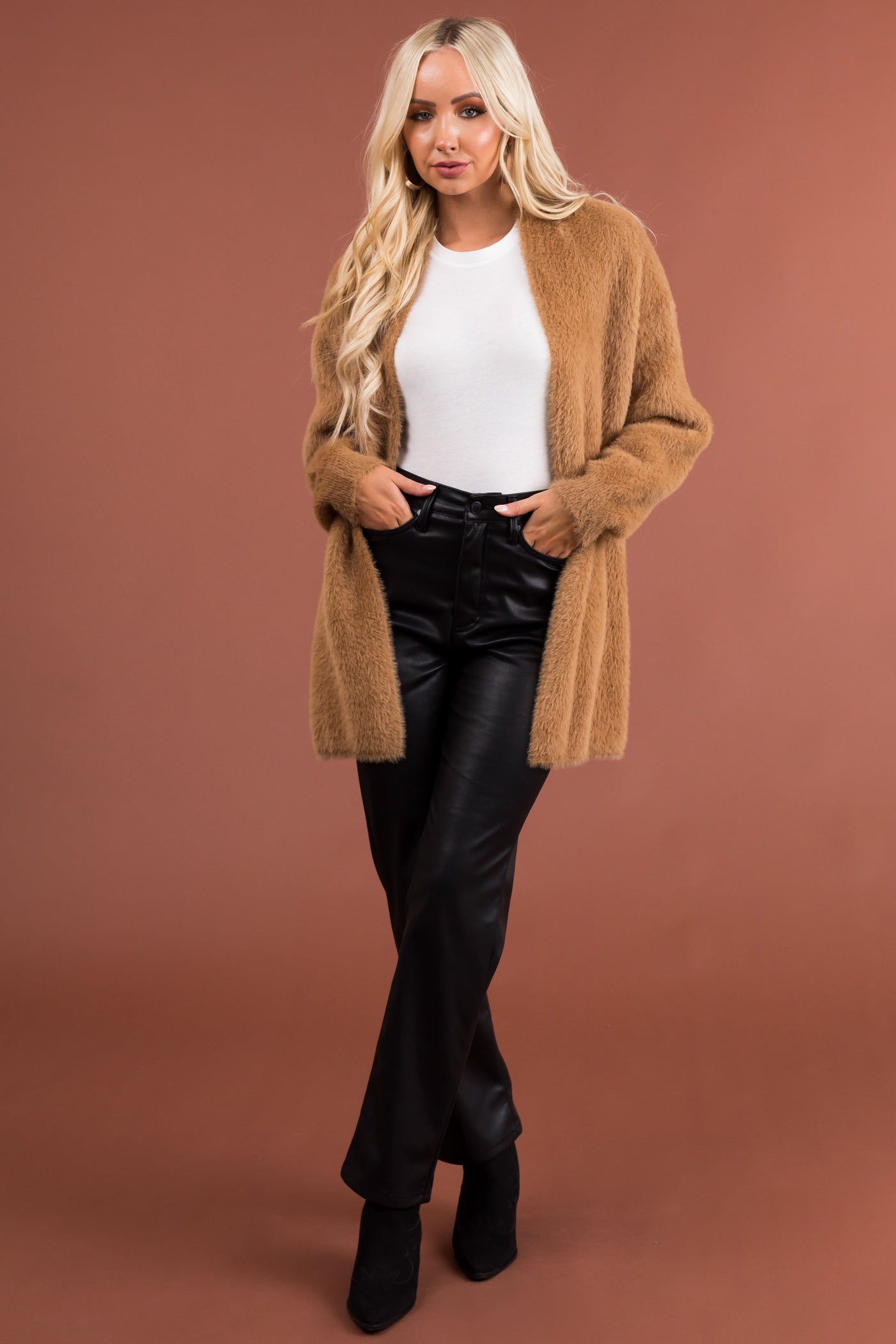 Brown Sugar Faux Fur Open Knit Cardigan