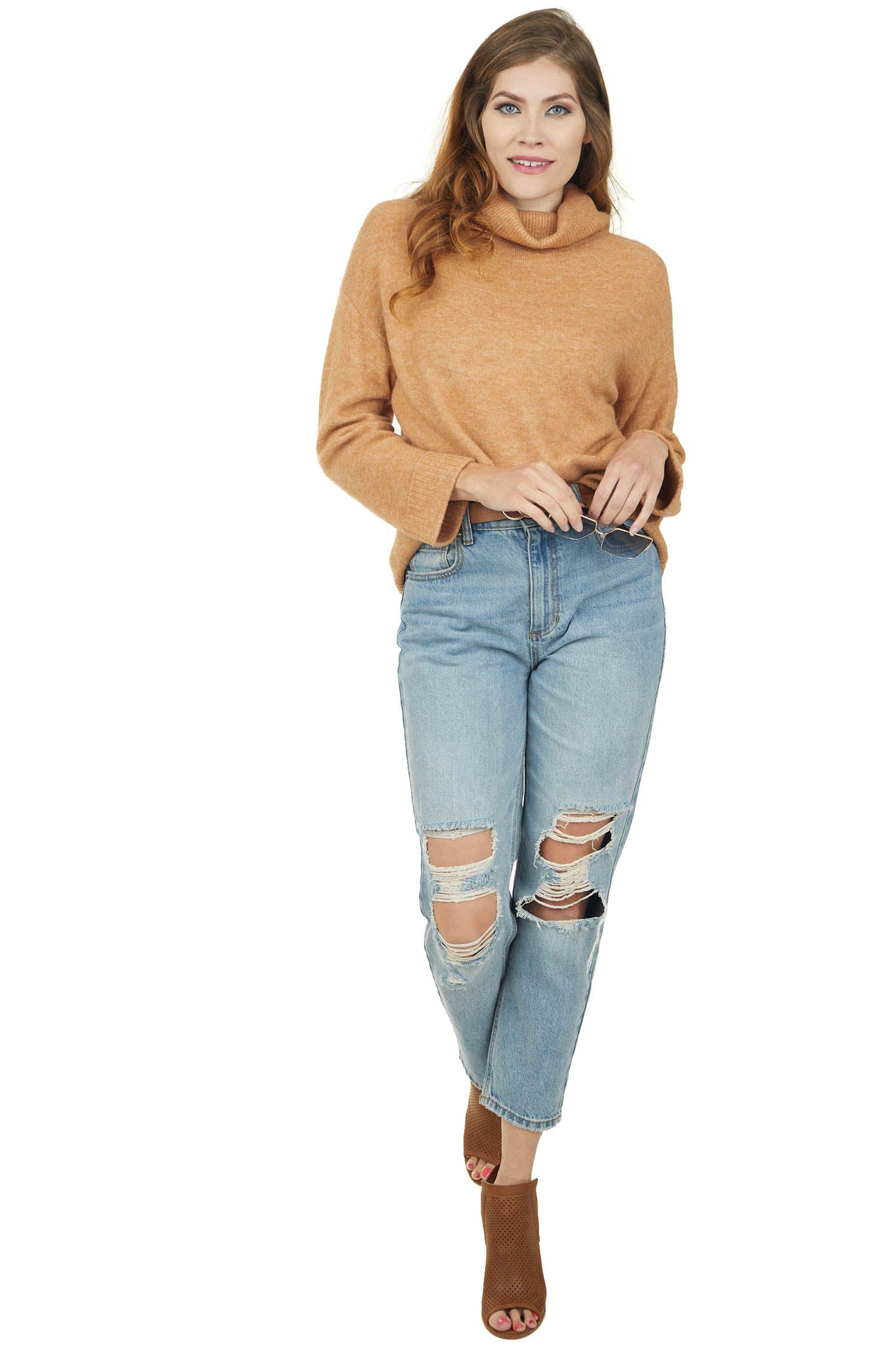 Brown Sugar Neck Long Sleeve Knit Sweater