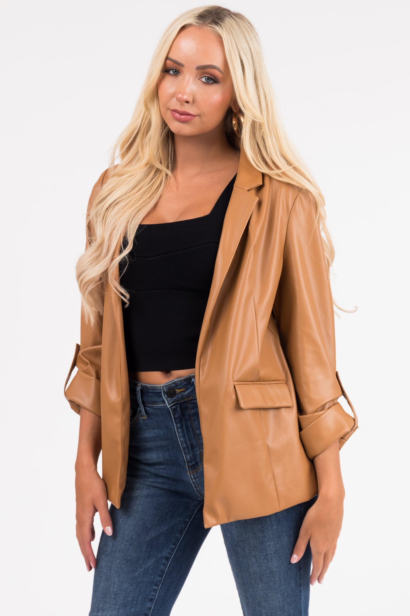 Brown Sugar Roll Up Sleeve Collared Blazer