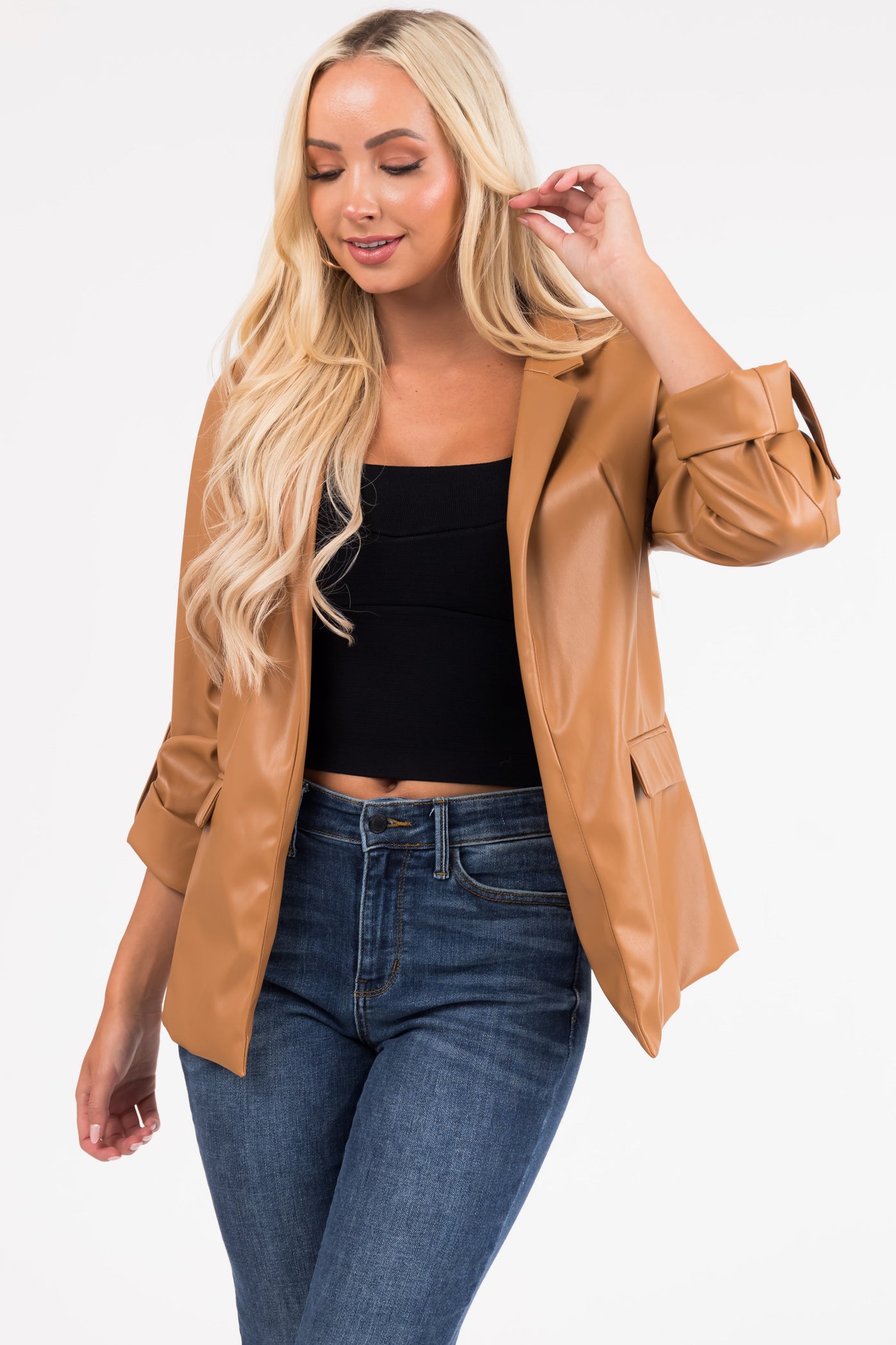 Brown Sugar Roll Up Sleeve Collared Blazer