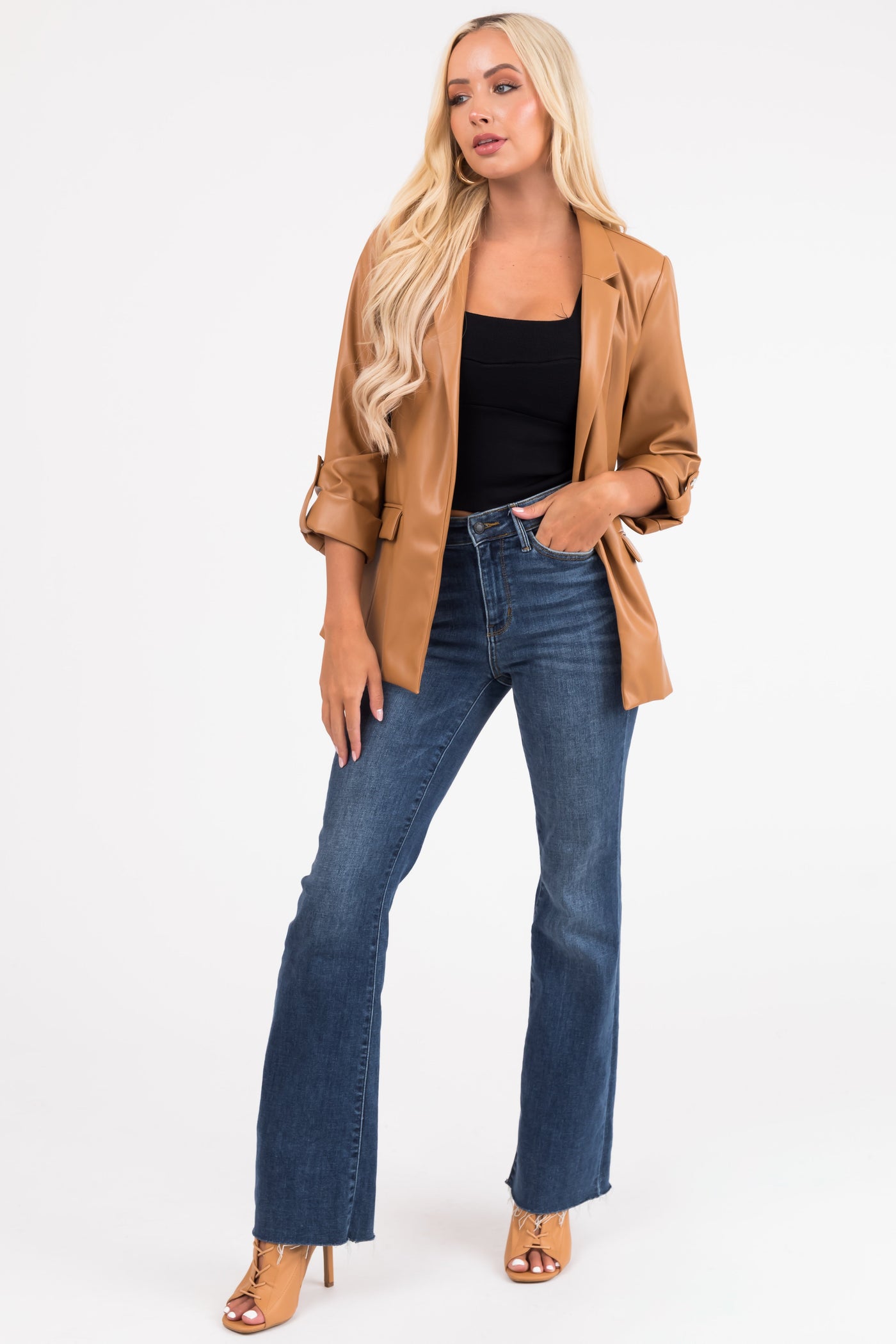 Brown Sugar Roll Up Sleeve Collared Blazer