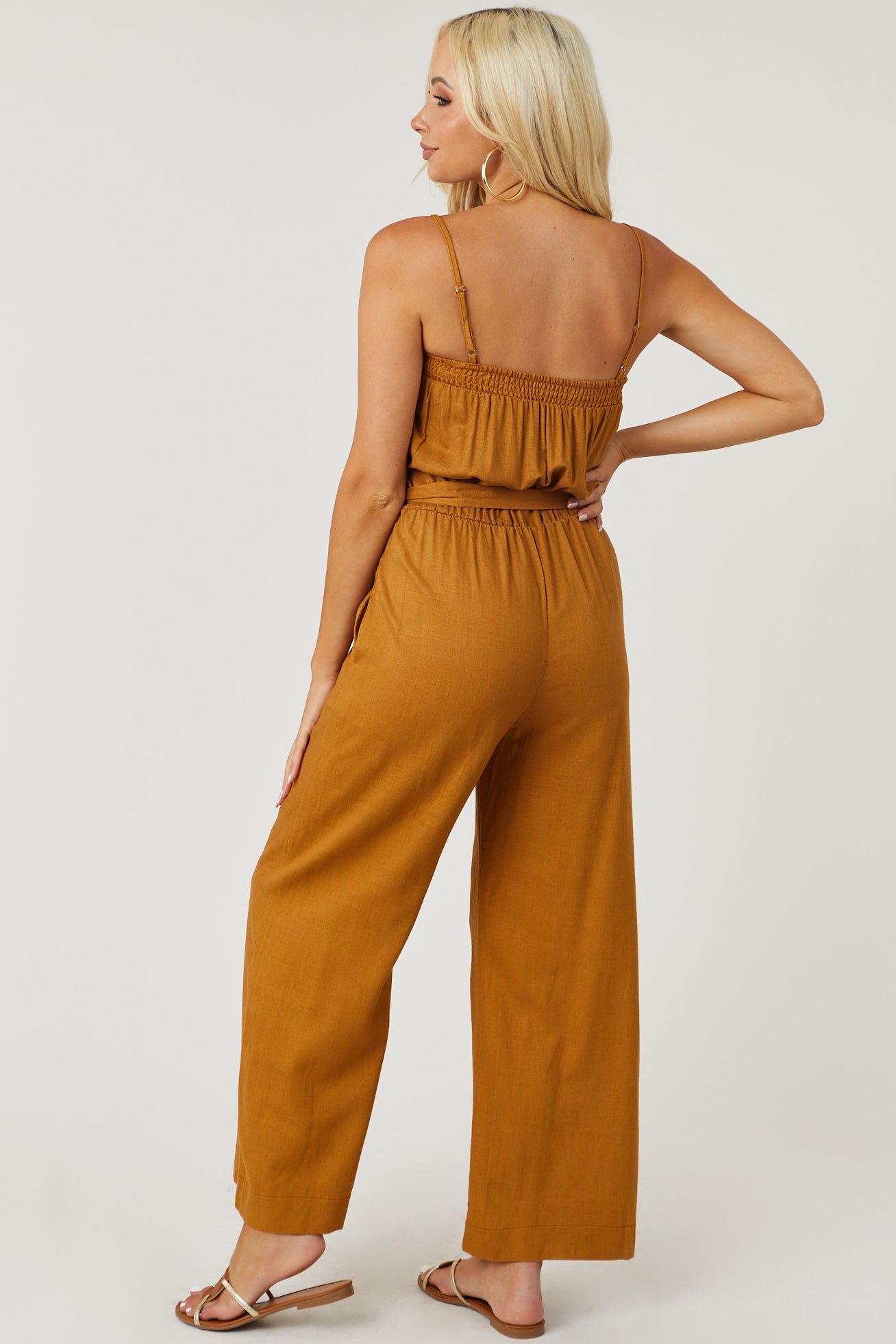 Brown Sugar Sleeveless Tie Waist Linen Jumpsuit