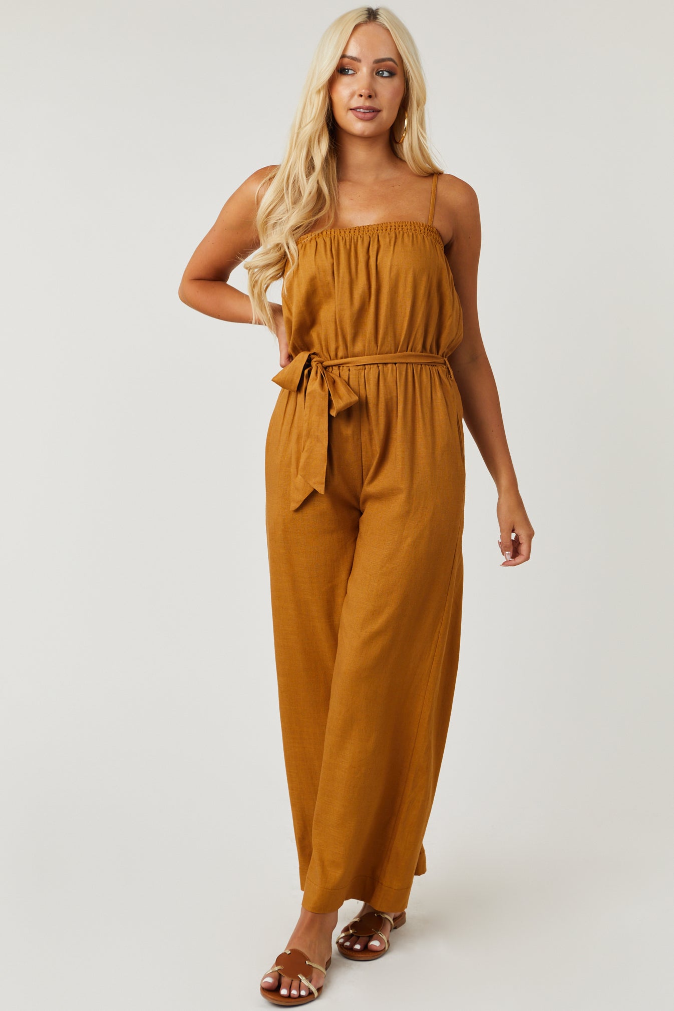 Brown Sugar Sleeveless Tie Waist Linen Jumpsuit