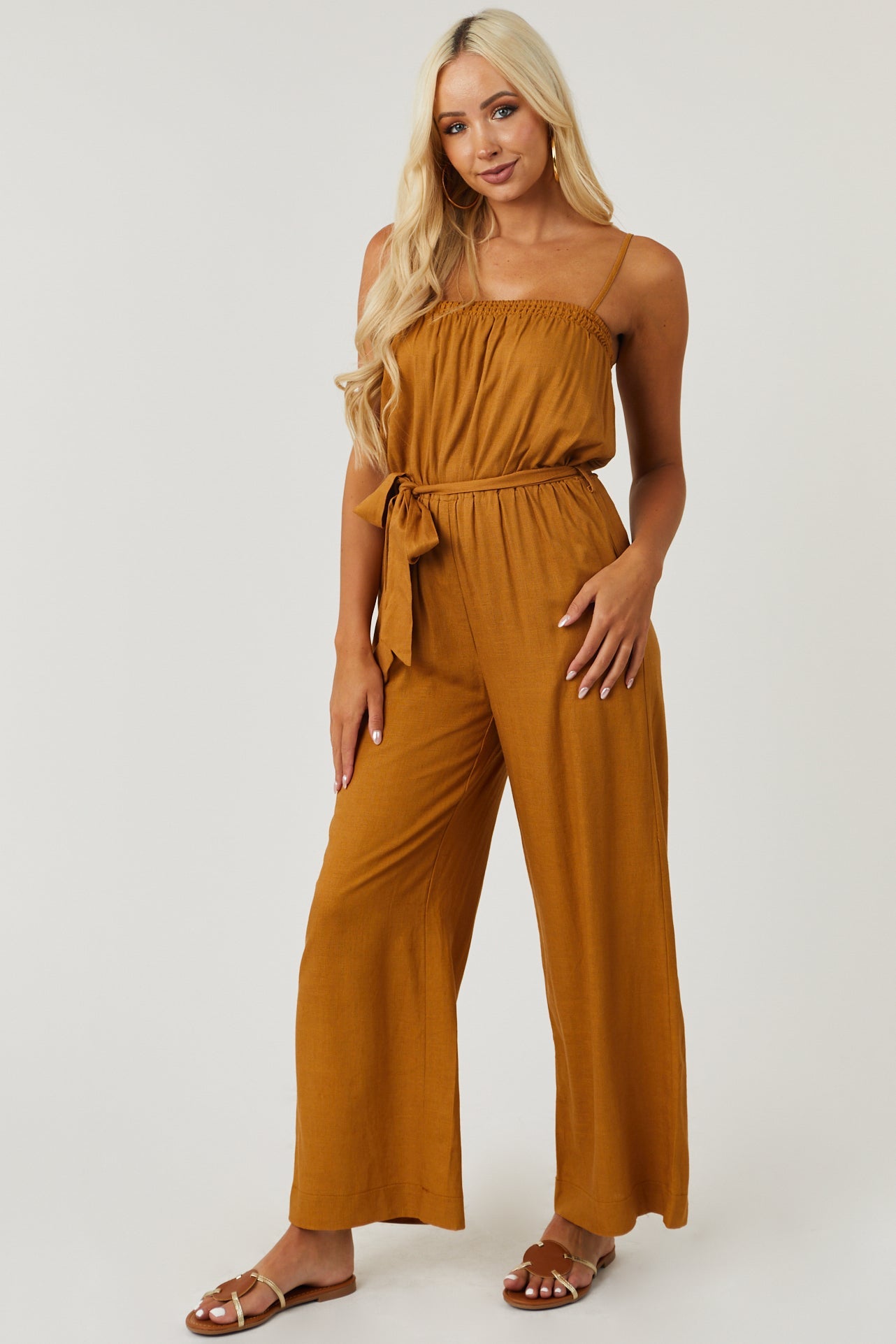 Brown Sugar Sleeveless Tie Waist Linen Jumpsuit
