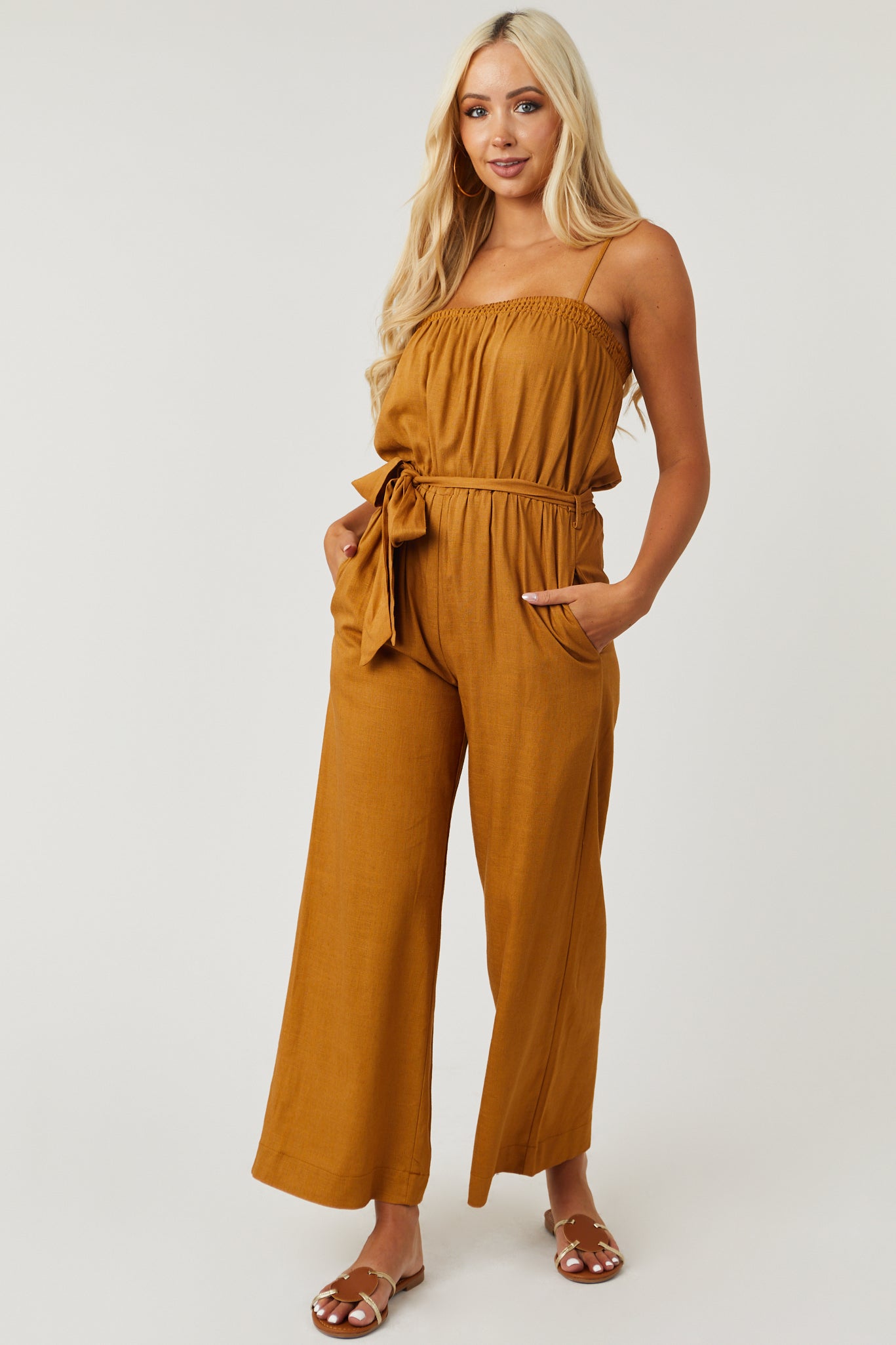 Brown Sugar Sleeveless Tie Waist Linen Jumpsuit
