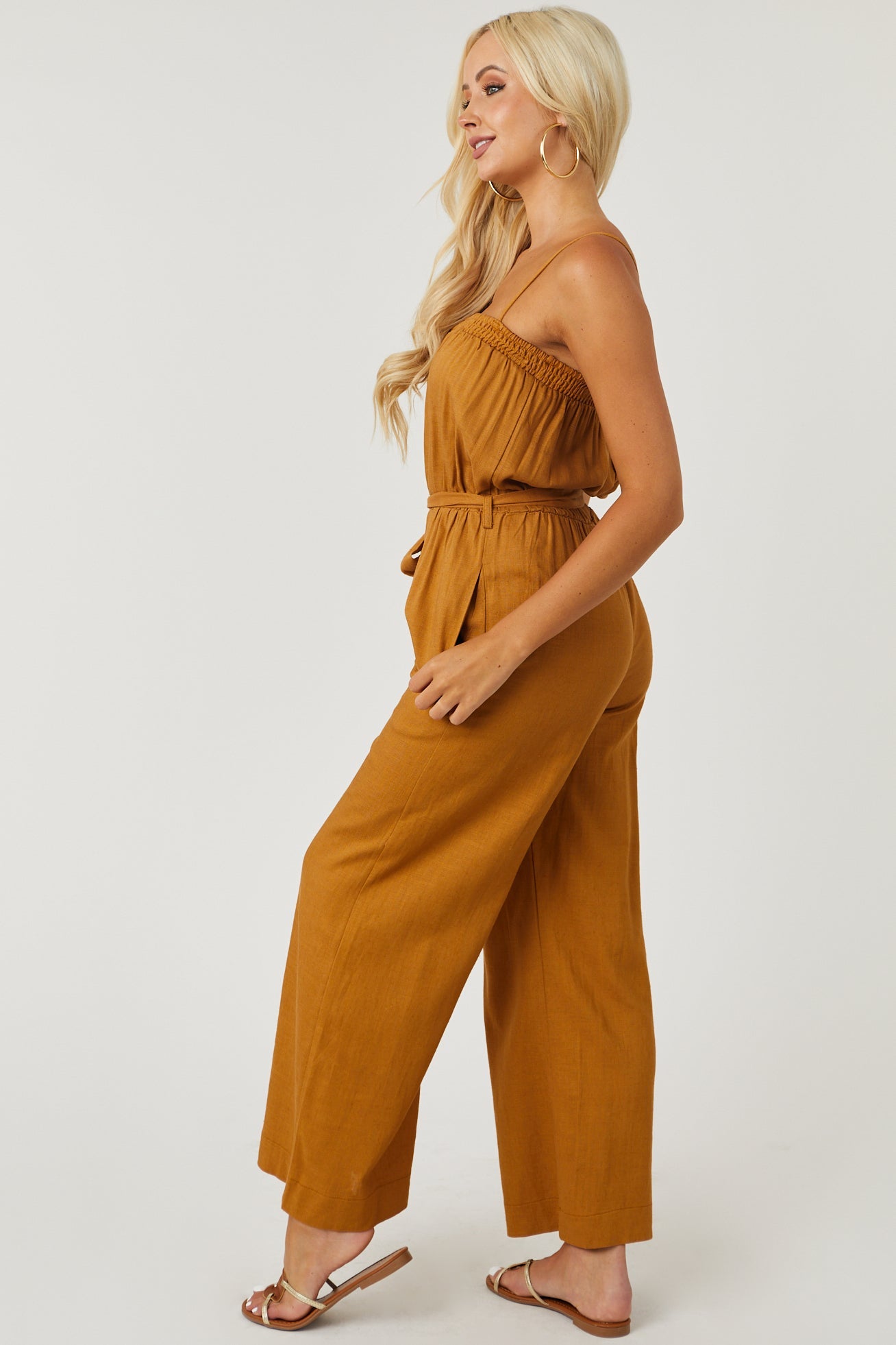 Brown Sugar Sleeveless Tie Waist Linen Jumpsuit