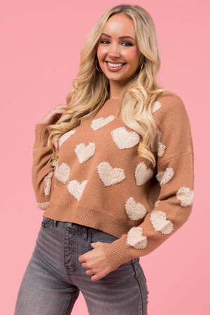 Brown Sugar Textured Heart Print Sweater