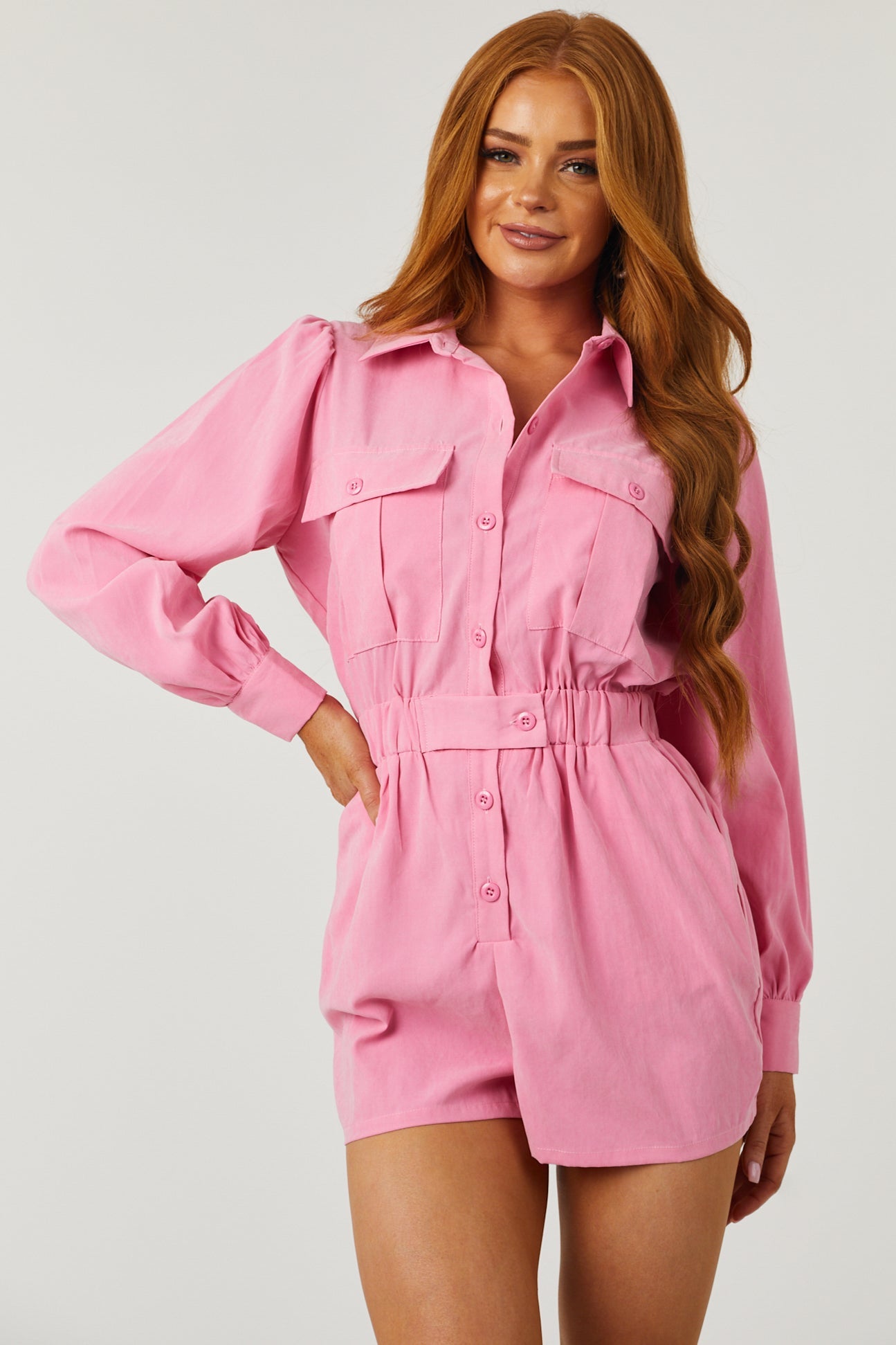 Bubblegum Button Down Long Sleeve Romper