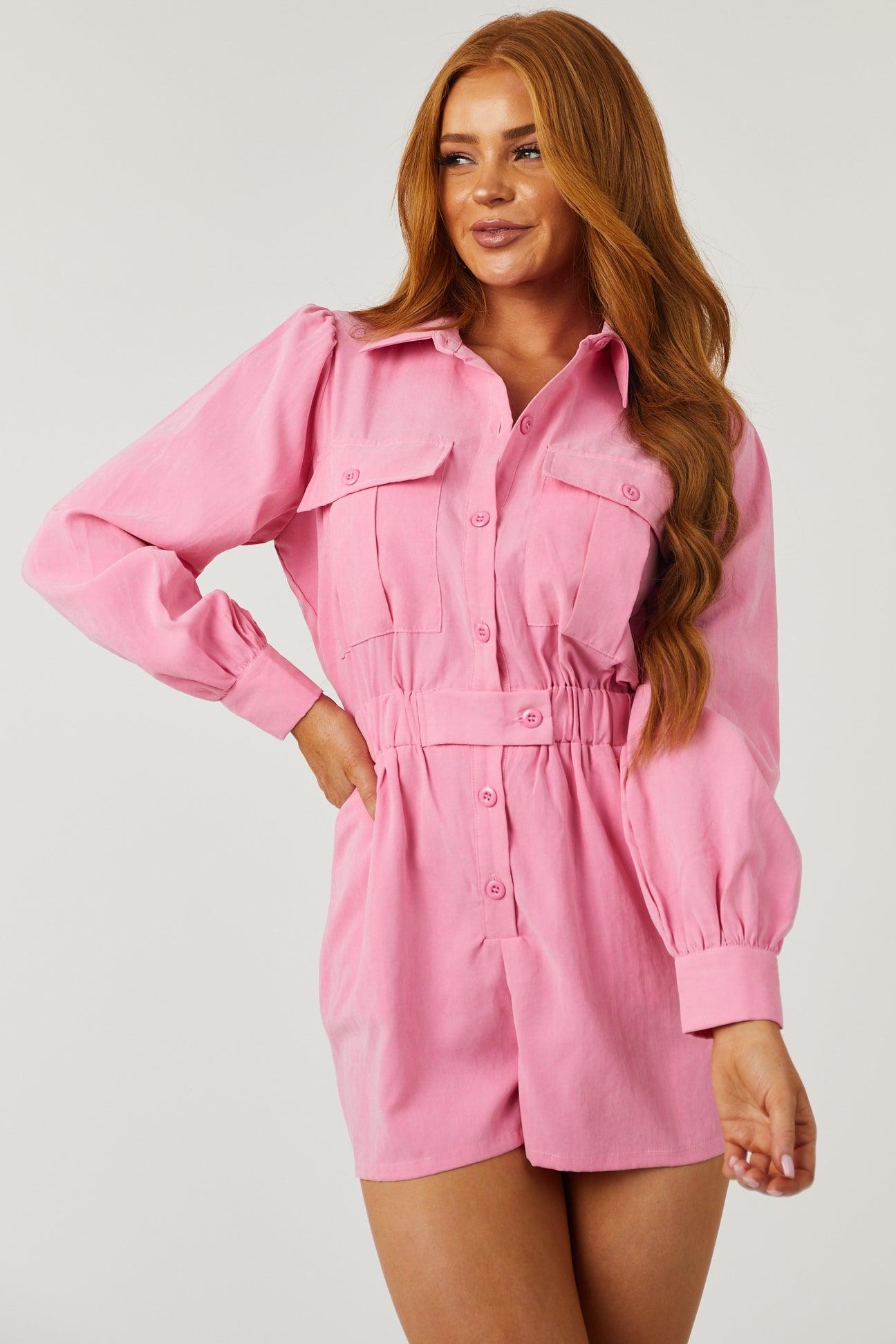 Bubblegum Button Down Long Sleeve Romper