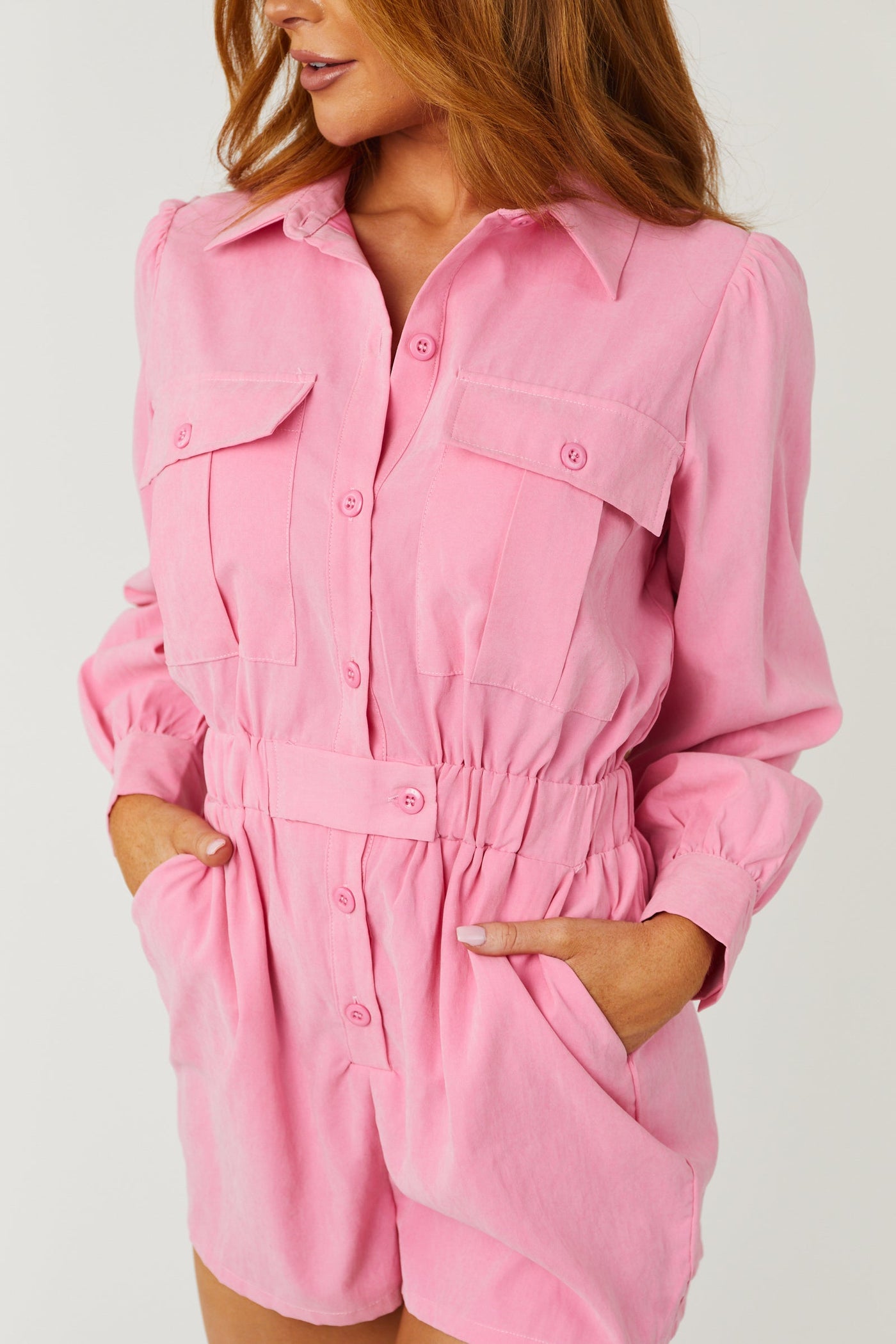 Bubblegum Button Down Long Sleeve Romper