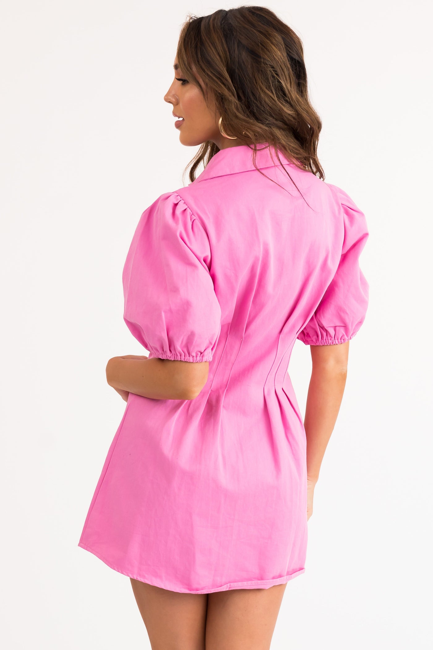 Bubblegum Button Up Puff Sleeve Mini Dress