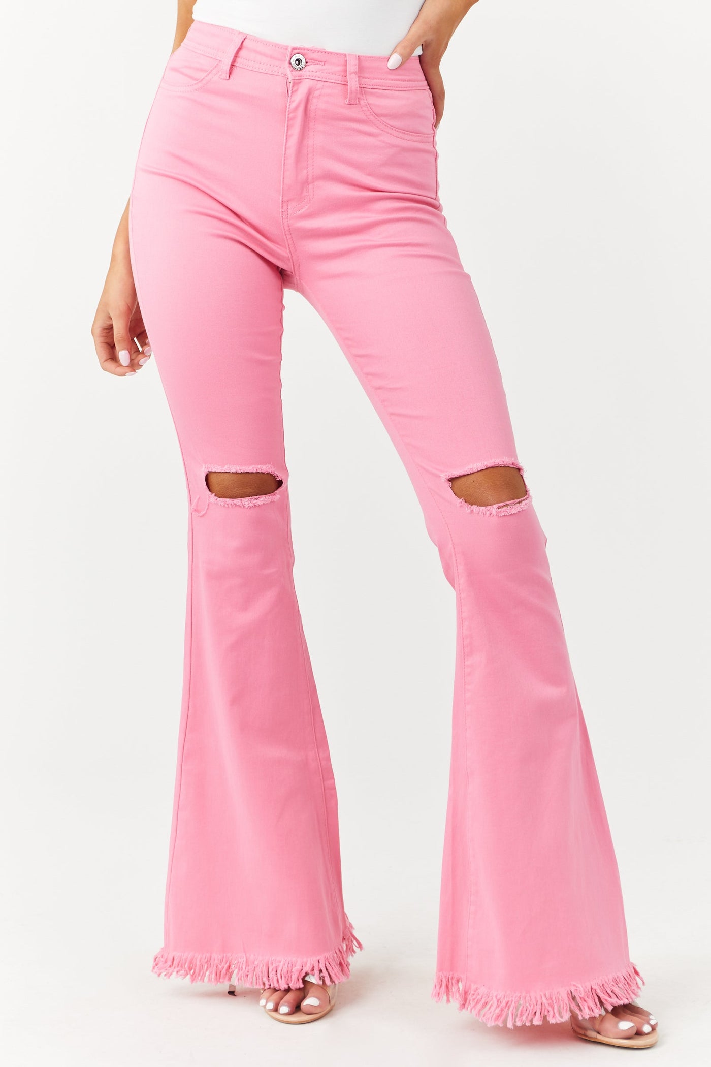 Bubblegum Distressed Knee High Rise Flare Jeans