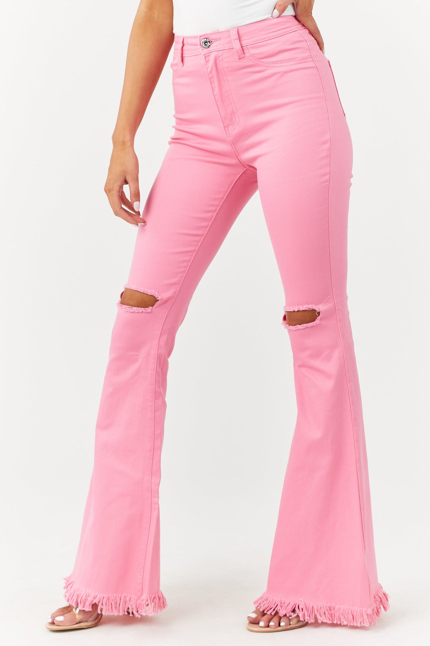 Bubblegum Distressed Knee High Rise Flare Jeans