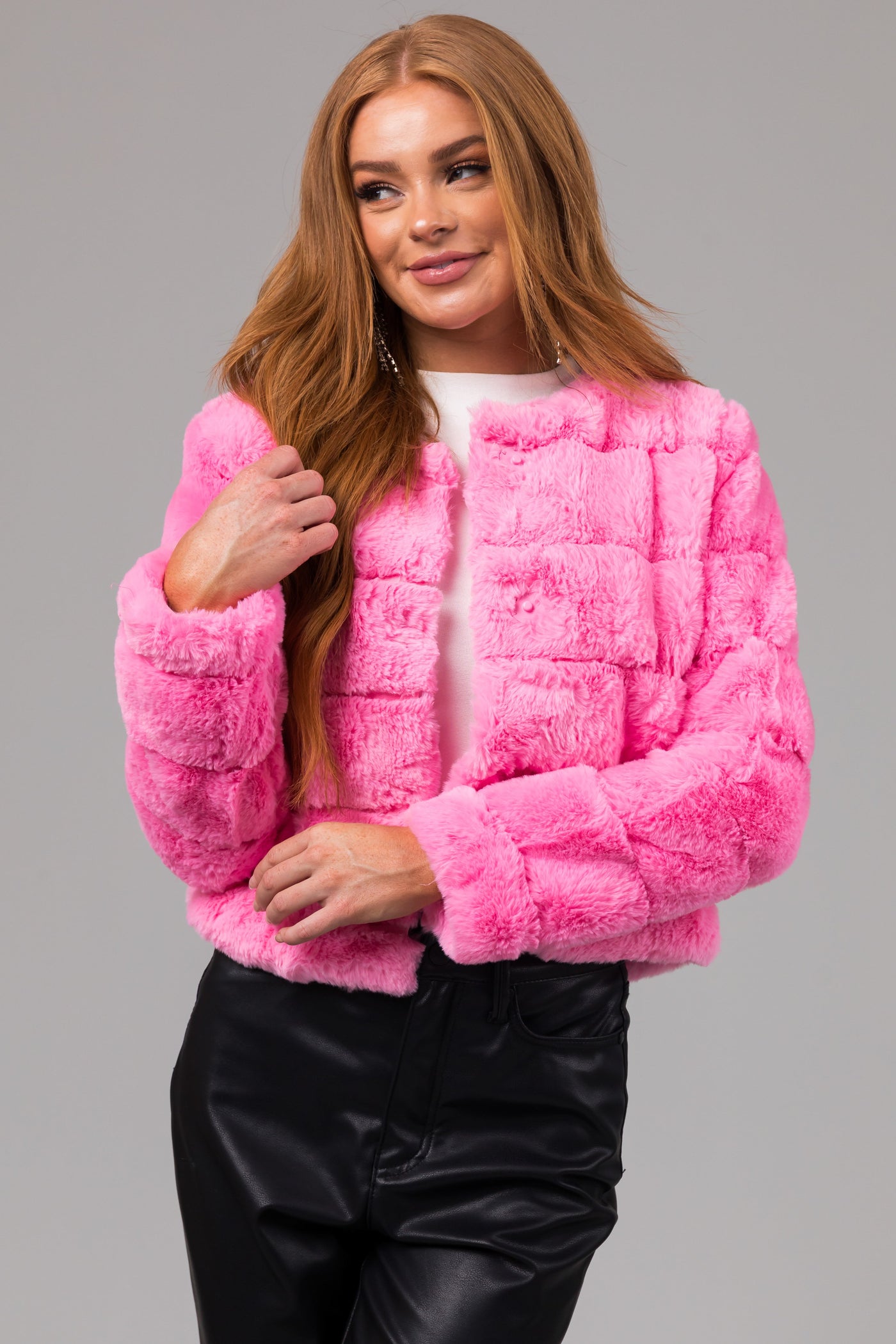 Bubblegum Faux Fur Quilted Button Up Jacket