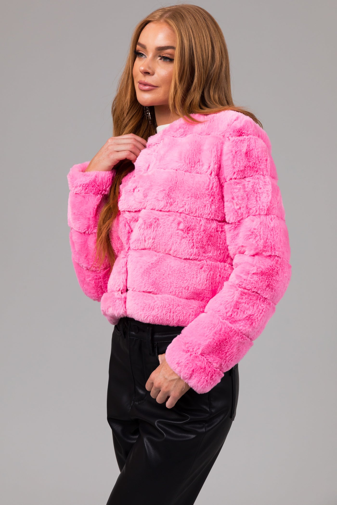 Bubblegum Faux Fur Quilted Button Up Jacket