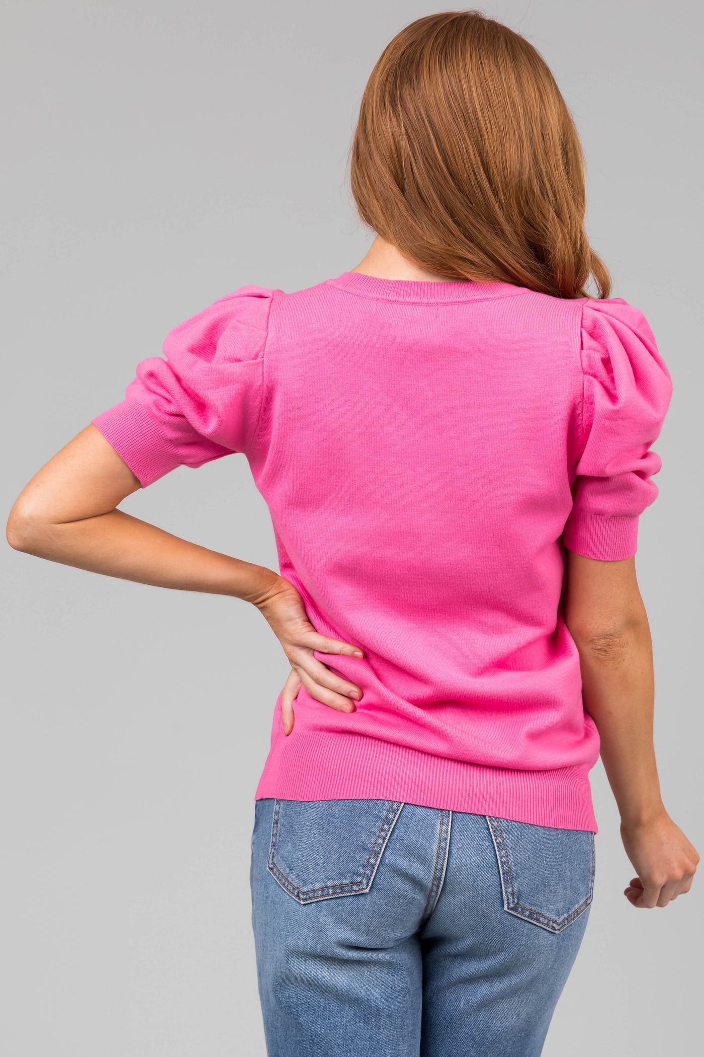 Bubblegum Half Puff Sleeve V Neck Soft Sweater