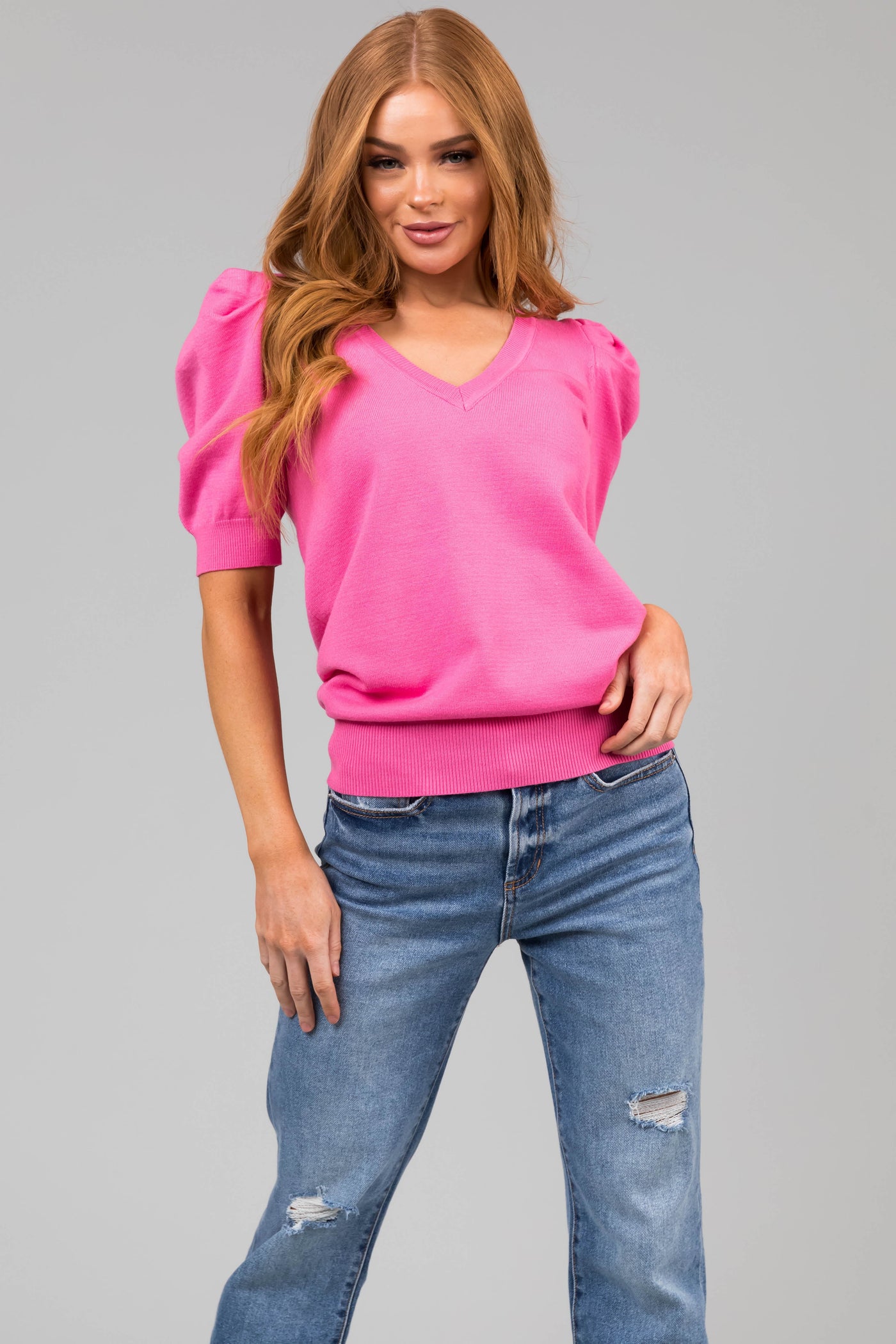 Bubblegum Half Puff Sleeve V Neck Soft Sweater