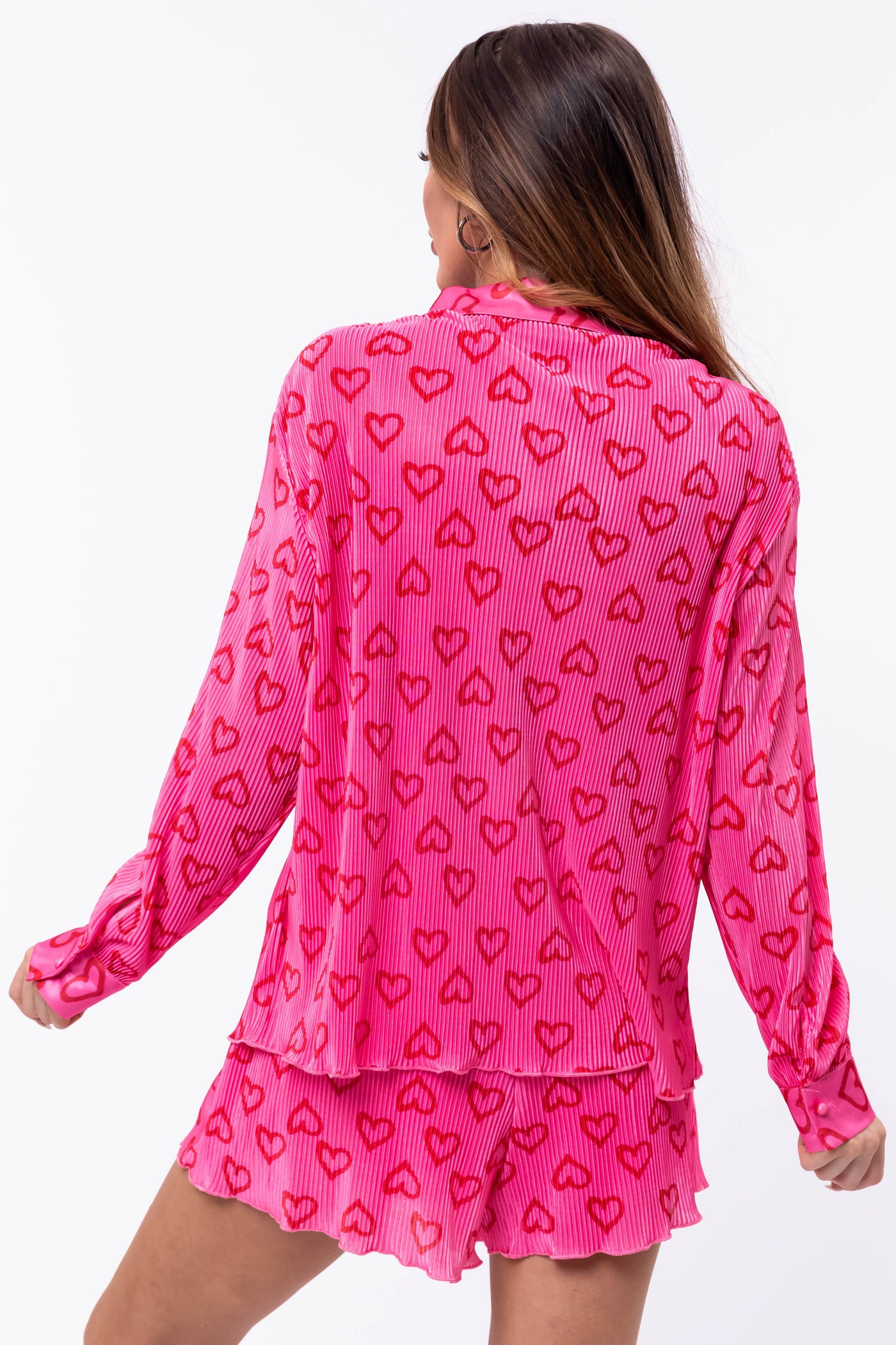 Bubblegum Heart Print Plisse Collared Top
