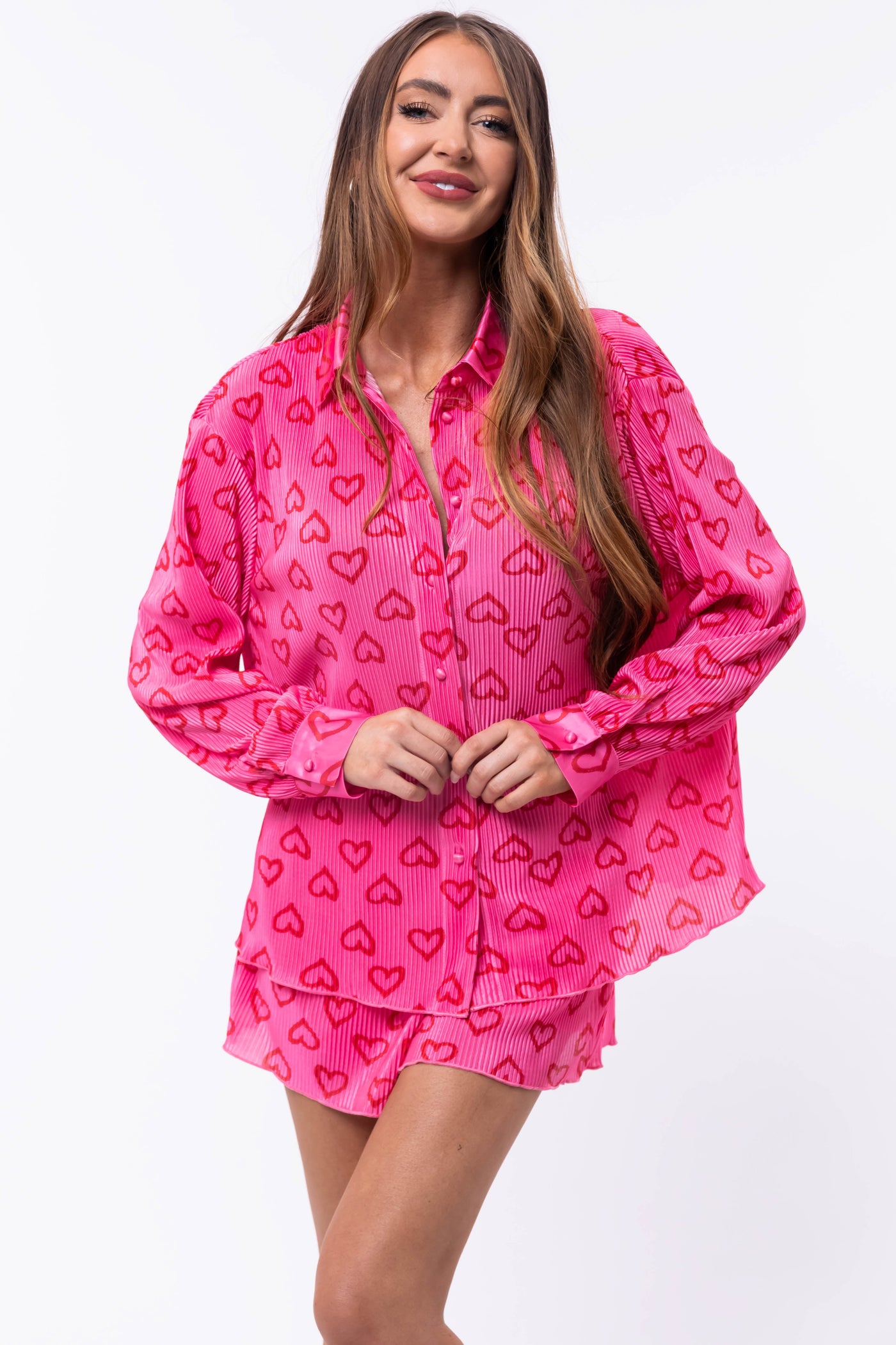Bubblegum Heart Print Plisse Collared Top
