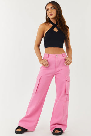 Bubblegum High Rise Wide Leg Denim Cargo Pants