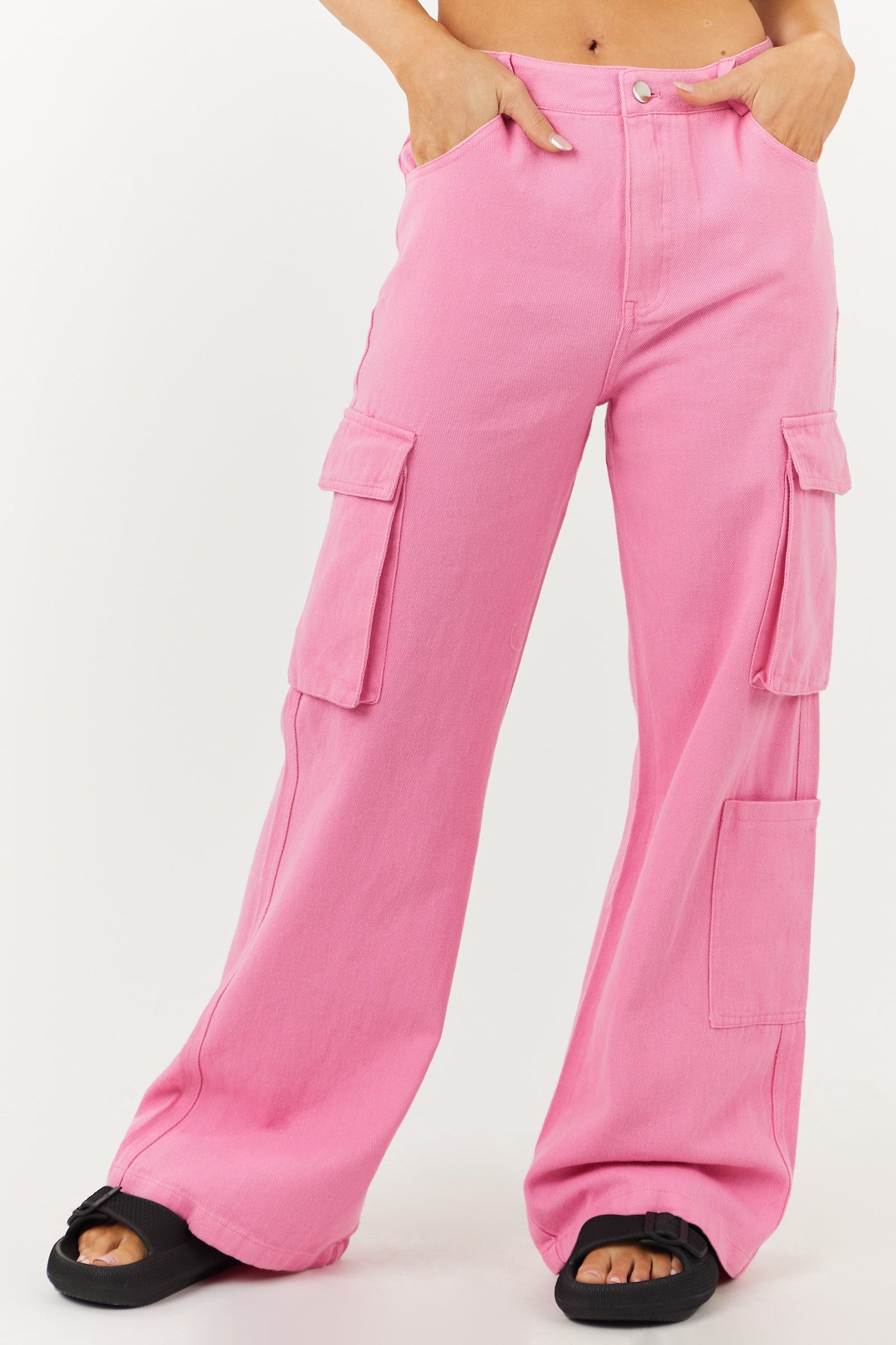 Bubblegum High Rise Wide Leg Denim Cargo Pants