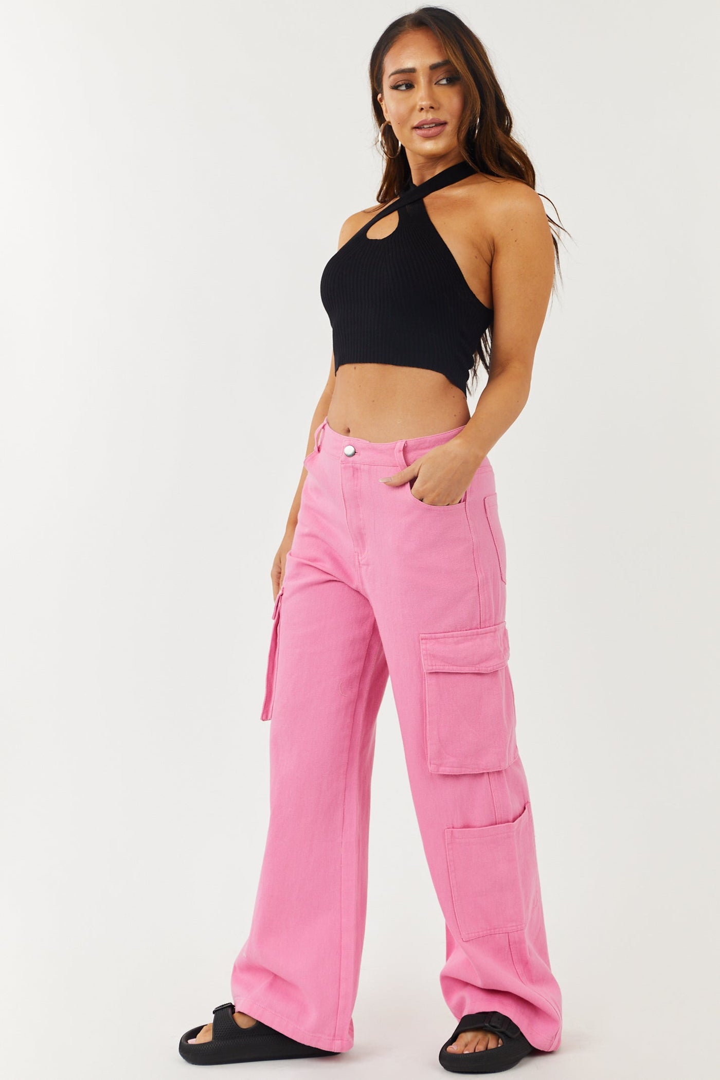 Bubblegum High Rise Wide Leg Denim Cargo Pants