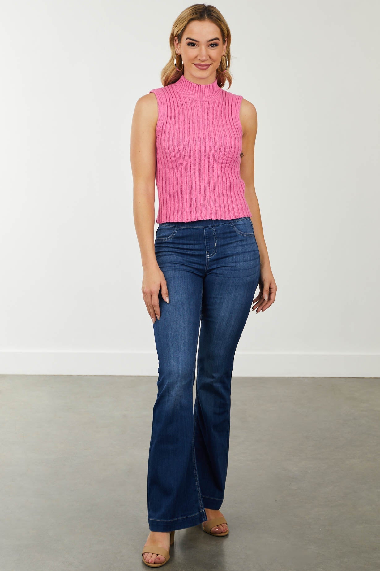 Bubblegum Mock Neck Sweater Knit Tank Top