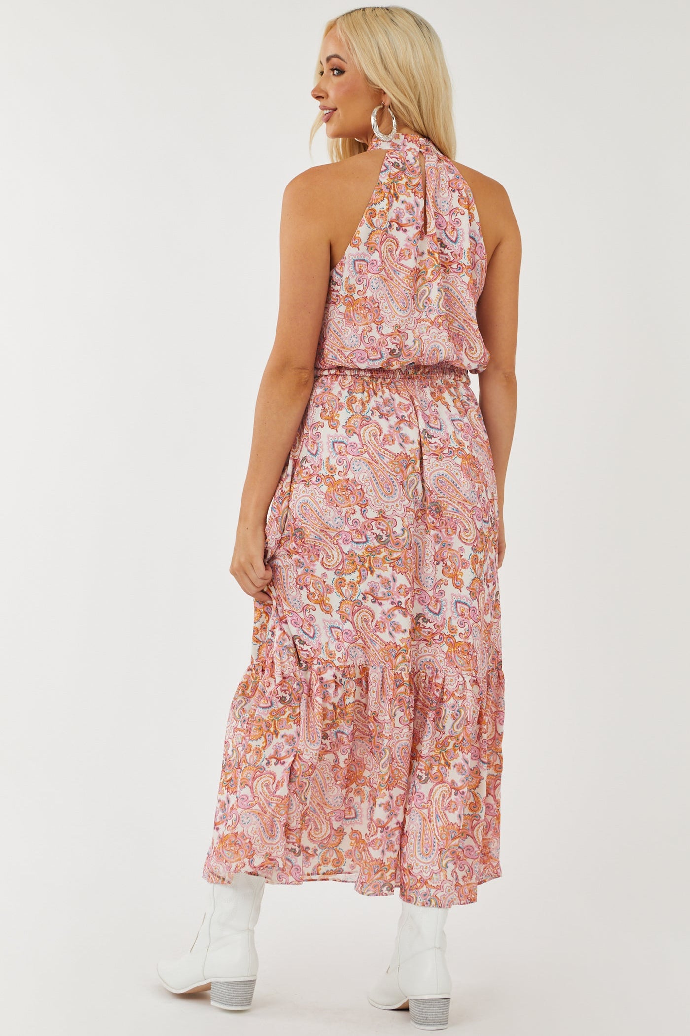 Bubblegum Paisley Print Halter Neck Maxi Dress