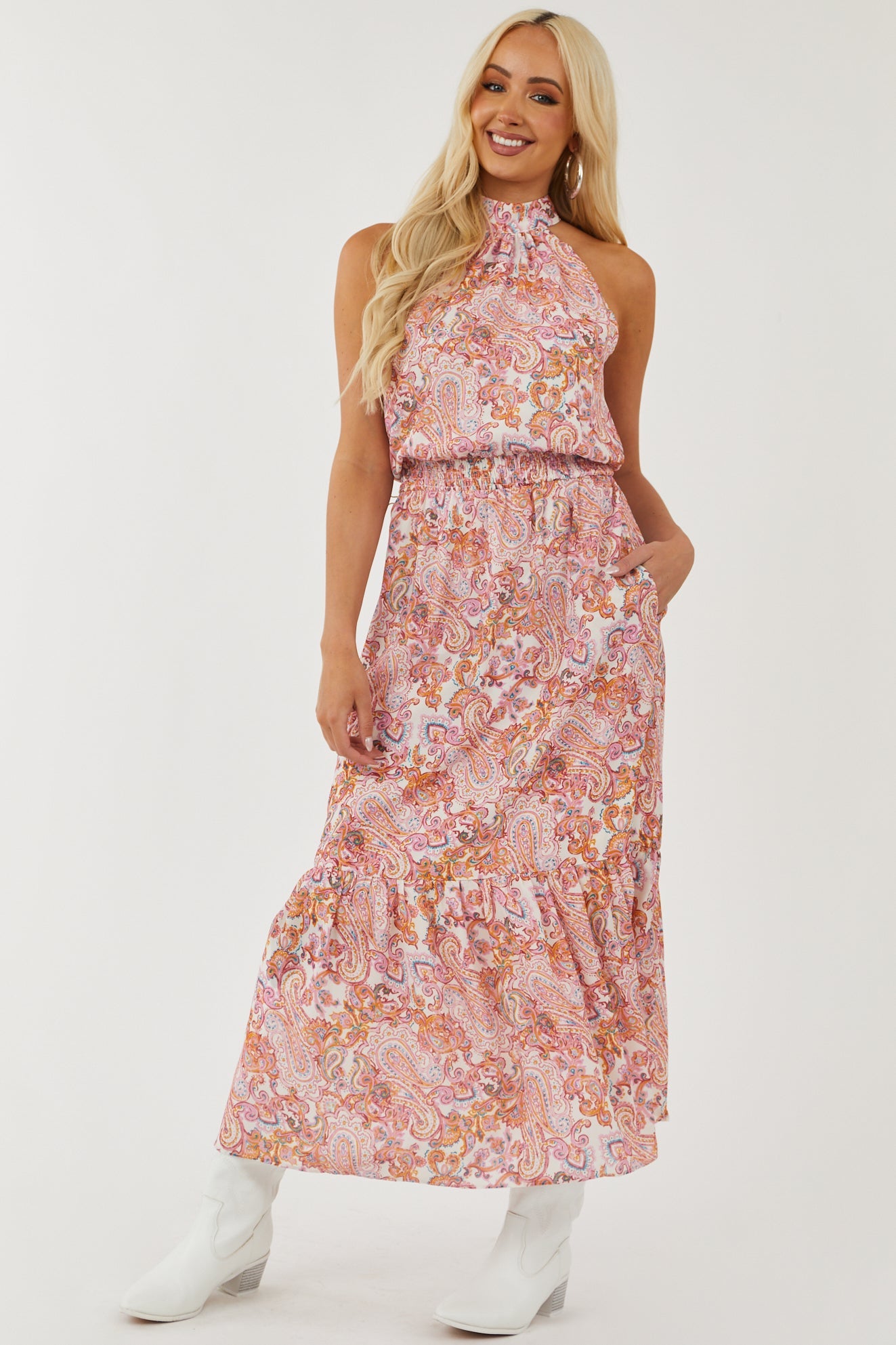 Bubblegum Paisley Print Halter Neck Maxi Dress