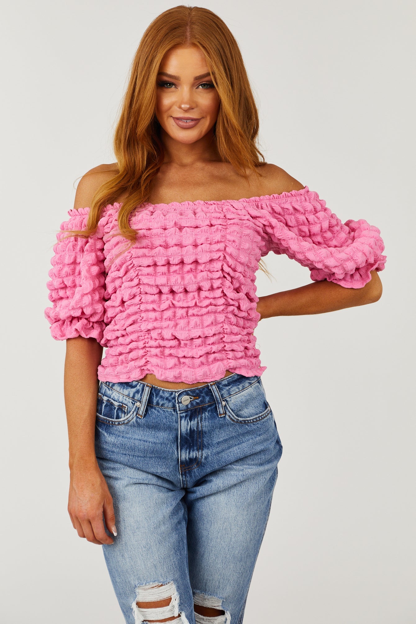 Bubblegum Square Neck Puffy Textured Blouse
